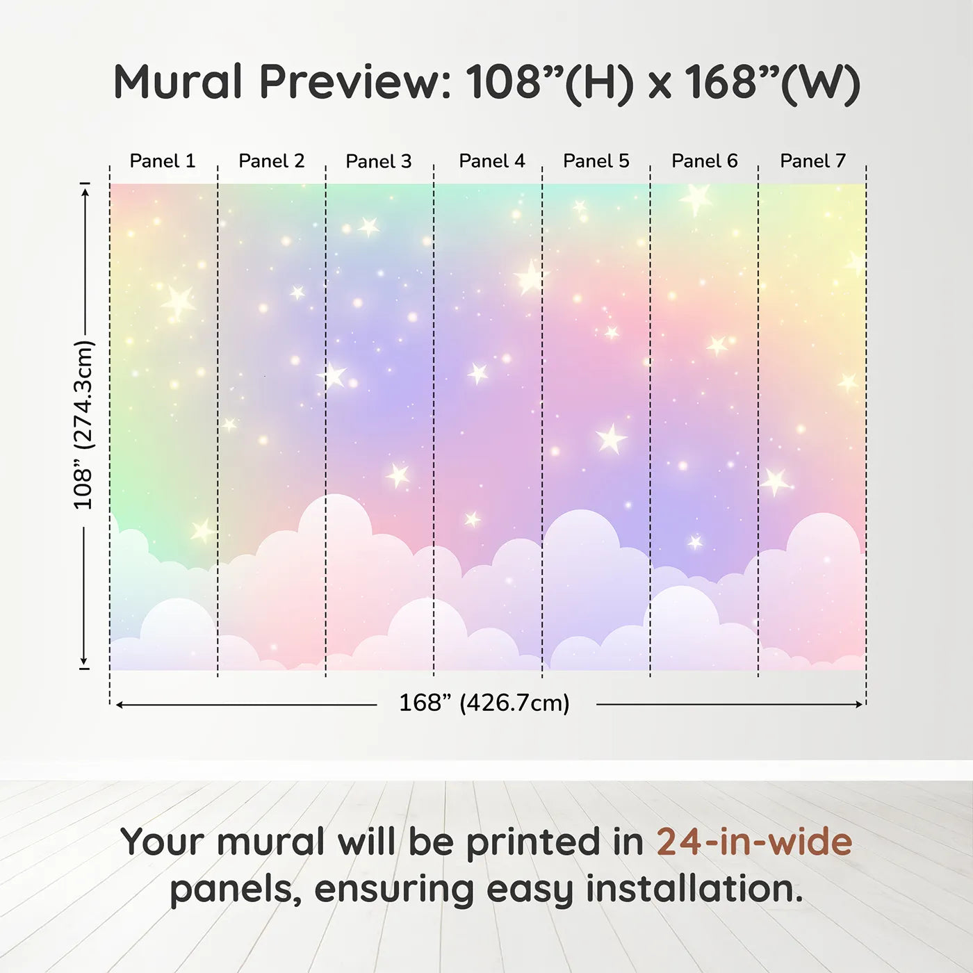 Whimsy Tots Pastel Rainbow Starry Sky Wall Muraldimension view (108" H x 168" W). Printed in seven 24-inch-wide panels. Gender-Neutral