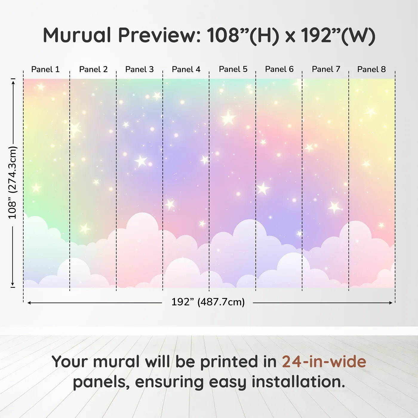 Whimsy Tots Pastel Rainbow Starry Sky Wall Muraldimension view (108" H x 192" W). Printed in eight 24-inch-wide panels. Gender-Neutral