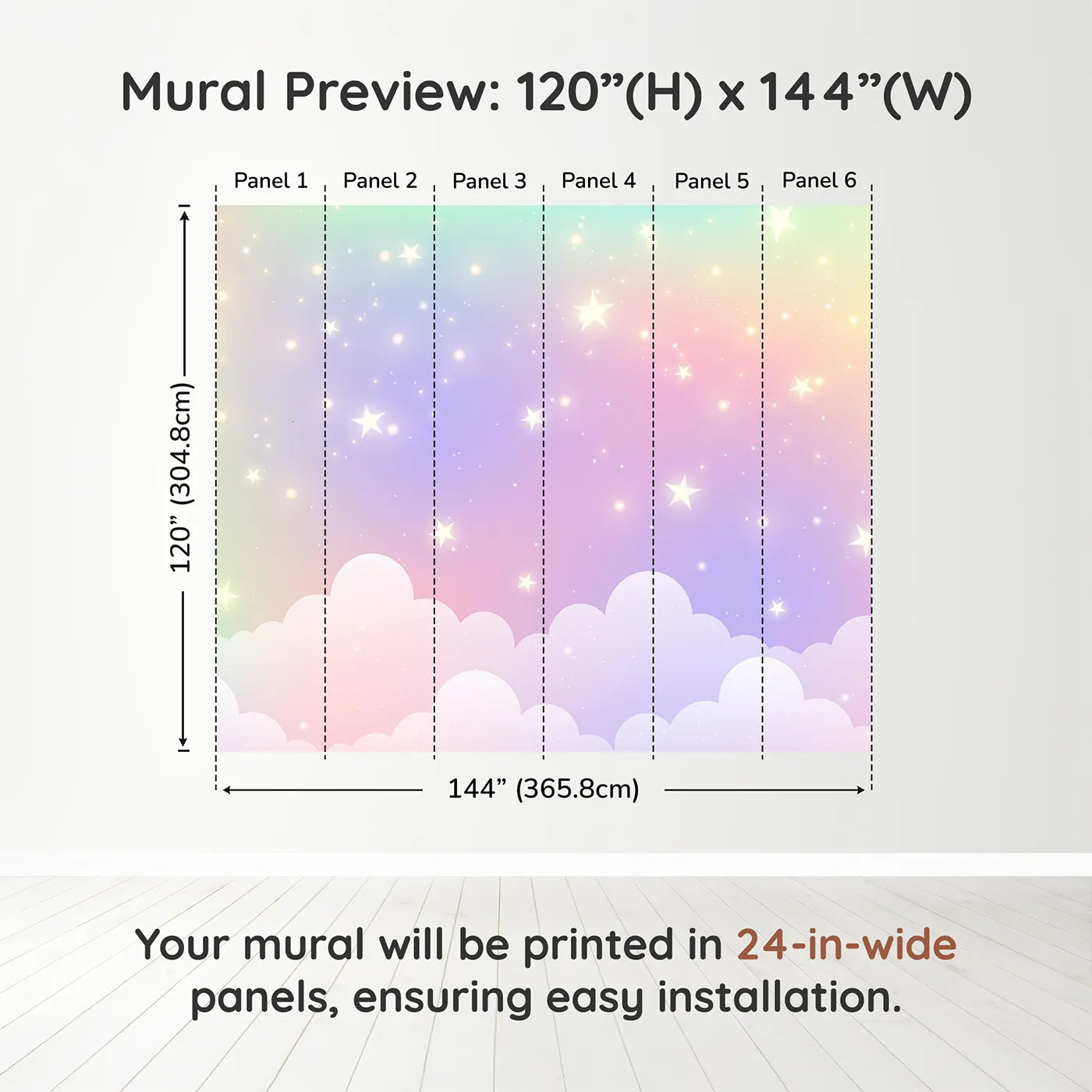 Whimsy Tots Pastel Rainbow Starry Sky Wall Muraldimension view (120" H x 144" W). Printed in six 24-inch-wide panels. Gender-Neutral