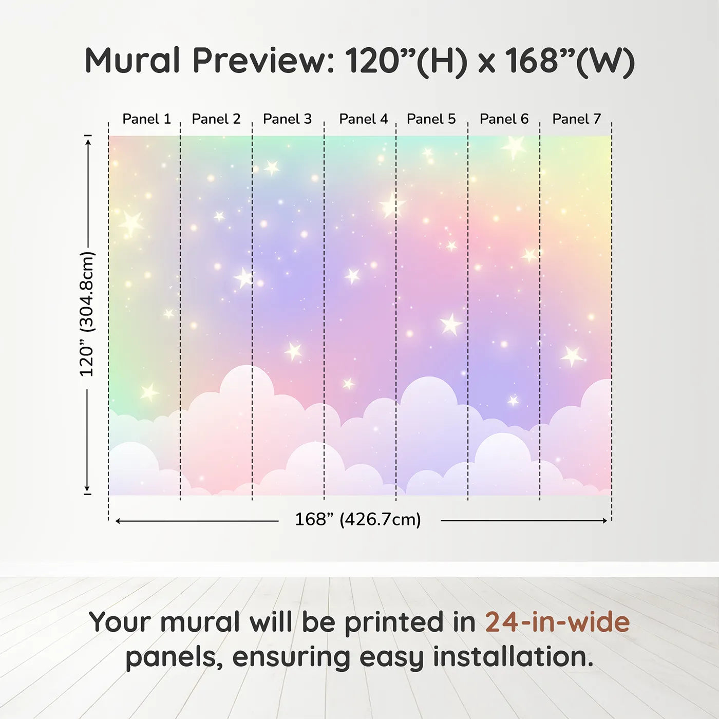Whimsy Tots Pastel Rainbow Starry Sky Wall Muraldimension view (120" H x 168" W). Printed in seven 24-inch-wide panels. Gender-Neutral