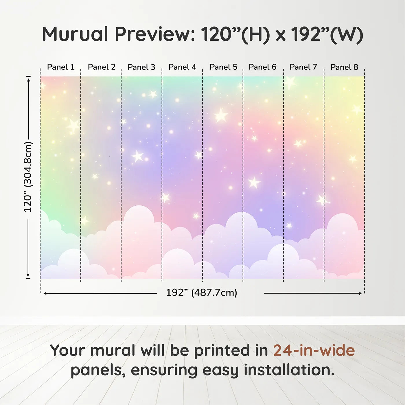 Whimsy Tots Pastel Rainbow Starry Sky Wall Muraldimension view (120" H x 192" W). Printed in eight 24-inch-wide panels. Gender-Neutral