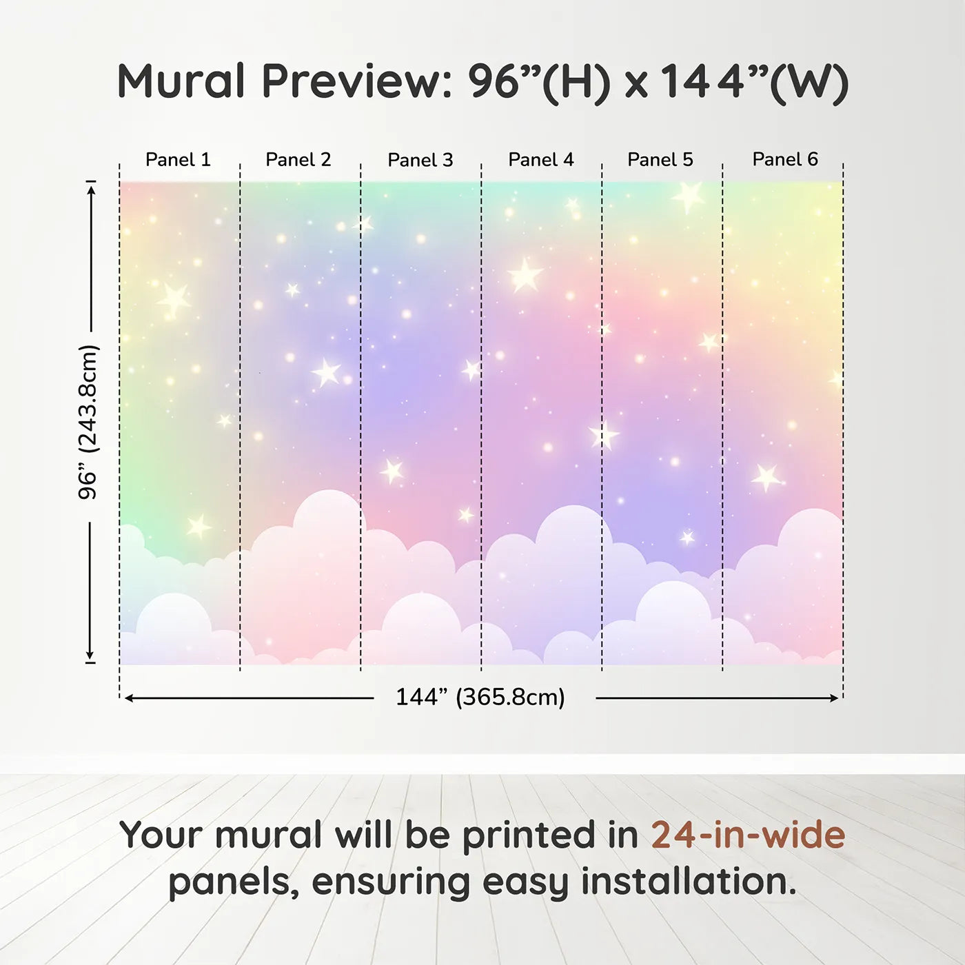 Whimsy Tots Pastel Rainbow Starry Sky Wall Muraldimension view (96" H x 144" W). Printed in six 24-inch-wide panels. Gender-Neutral