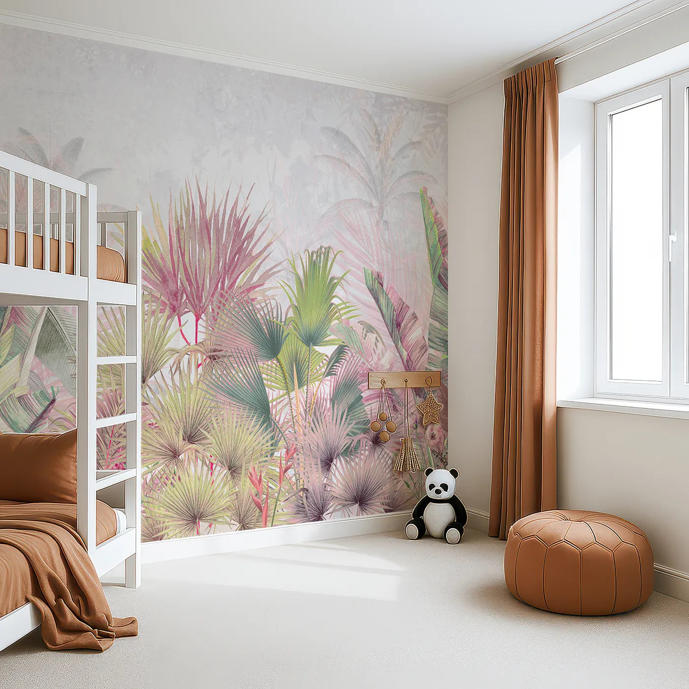 Angled view of Whimsy Tots' Pastel Tropical Jungle Wall Mural (Turn Their Room into a Vibrant, Otherworldly Rainforest).Gender-Neutral