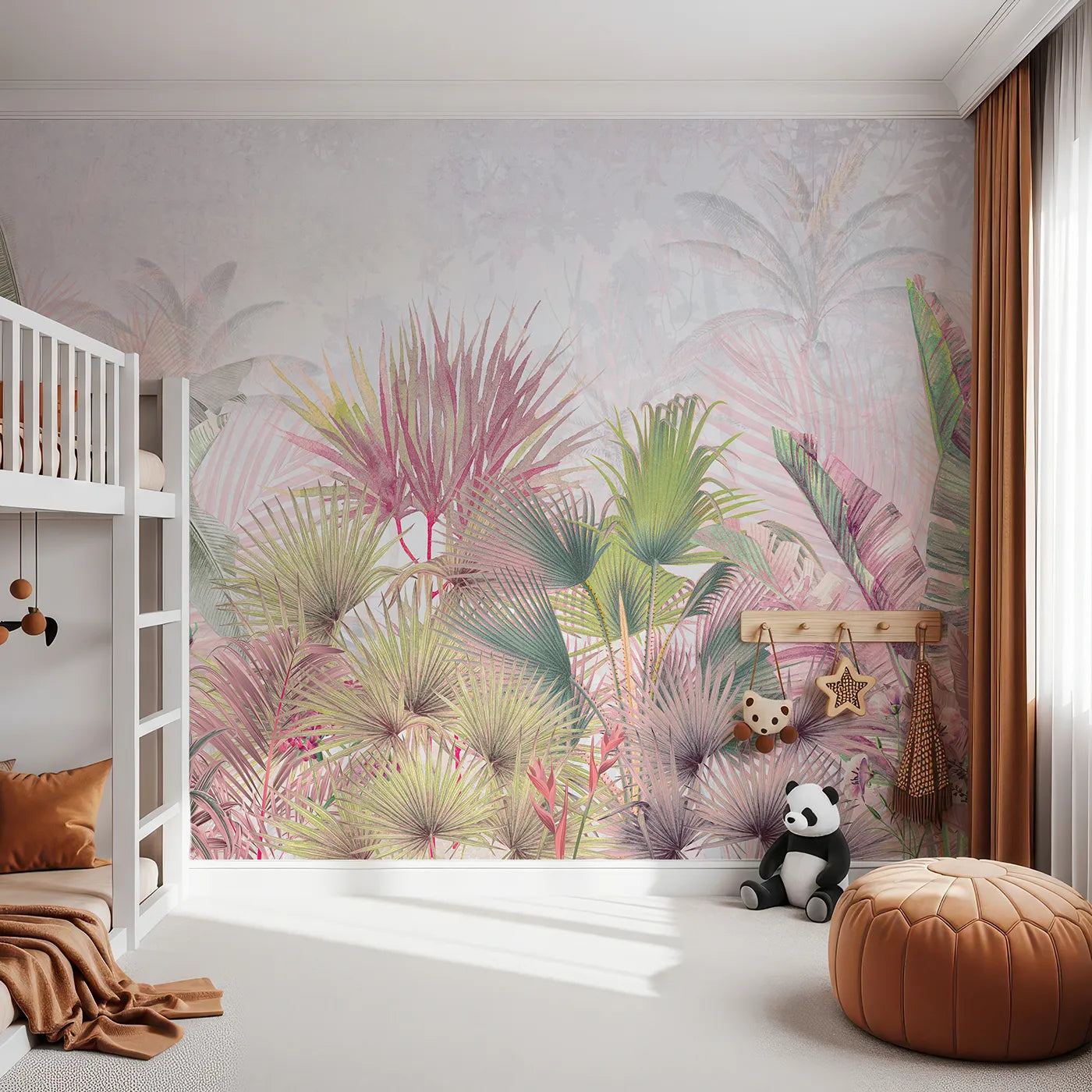 Front view of Whimsy Tots' Pastel Tropical Jungle Wall Mural