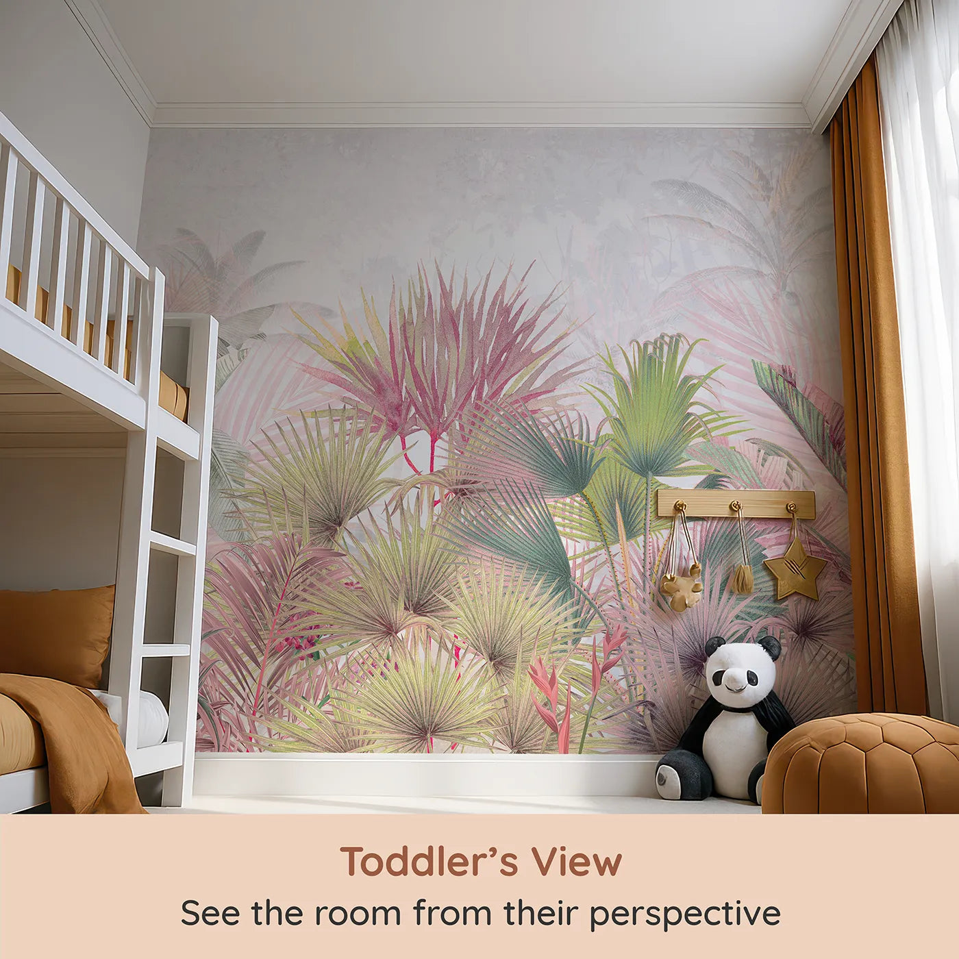 Whimsy Tots Pastel Tropical Jungle Wall Mural (Turn Their Room into a Vibrant, Otherworldly Rainforest) from your child's view.Gender-Neutral