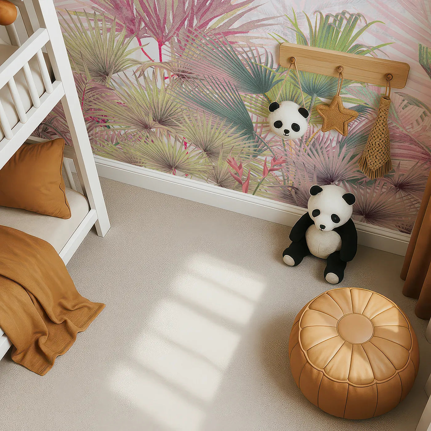 Top-down view of Whimsy Tots' Pastel Tropical Jungle Wall Mural (Turn Their Room into a Vibrant, Otherworldly Rainforest).Gender-Neutral