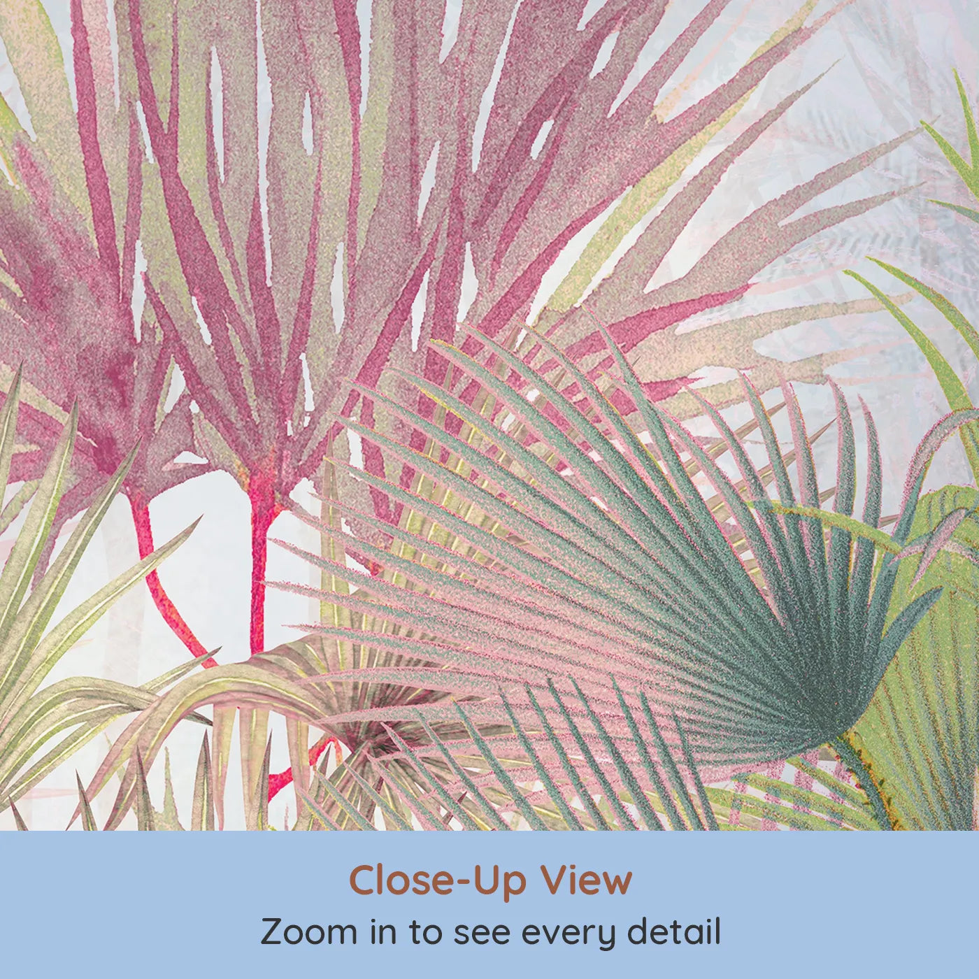 Close-up view of Whimsy Tots' Pastel Tropical Jungle Wall Mural (Turn Their Room into a Vibrant, Otherworldly Rainforest).Gender-Neutral
