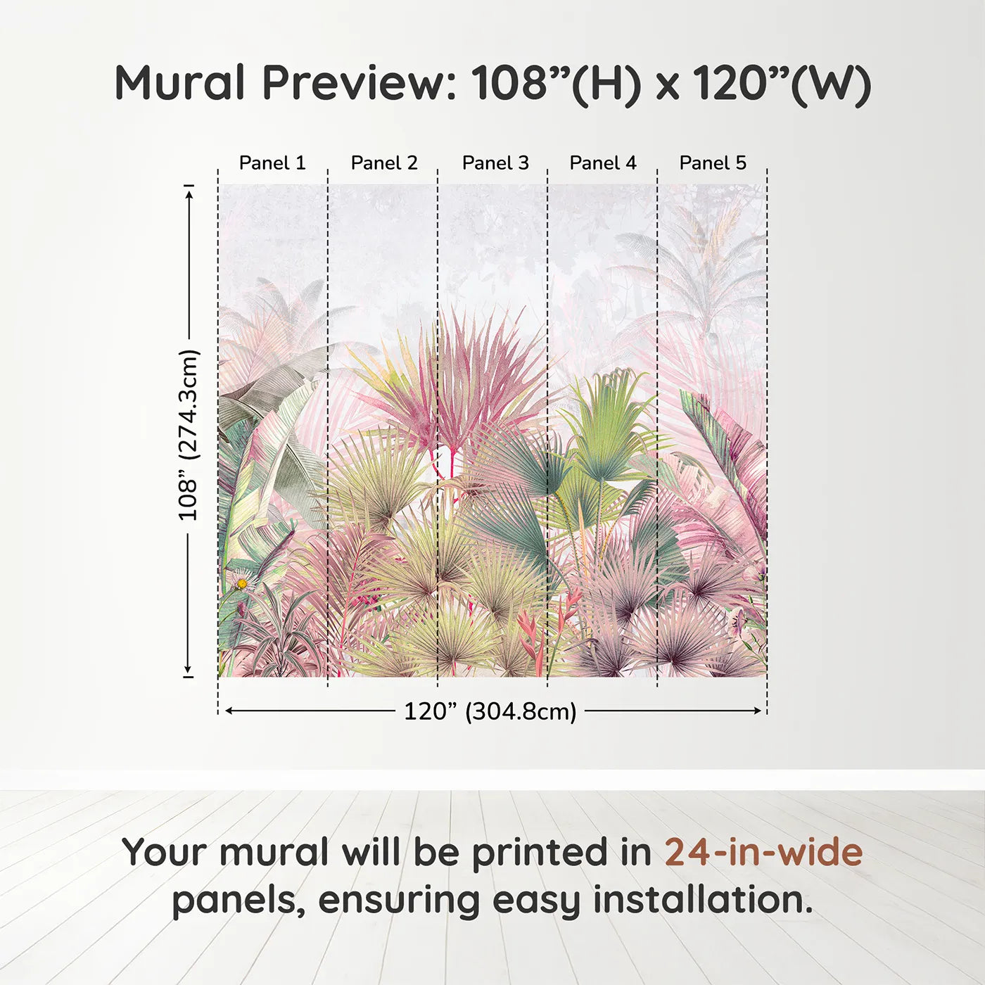 Whimsy Tots Pastel Tropical Jungle Wall Muraldimension view (108" H x 120" W). Printed in five 24-inch-wide panels. Gender-Neutral