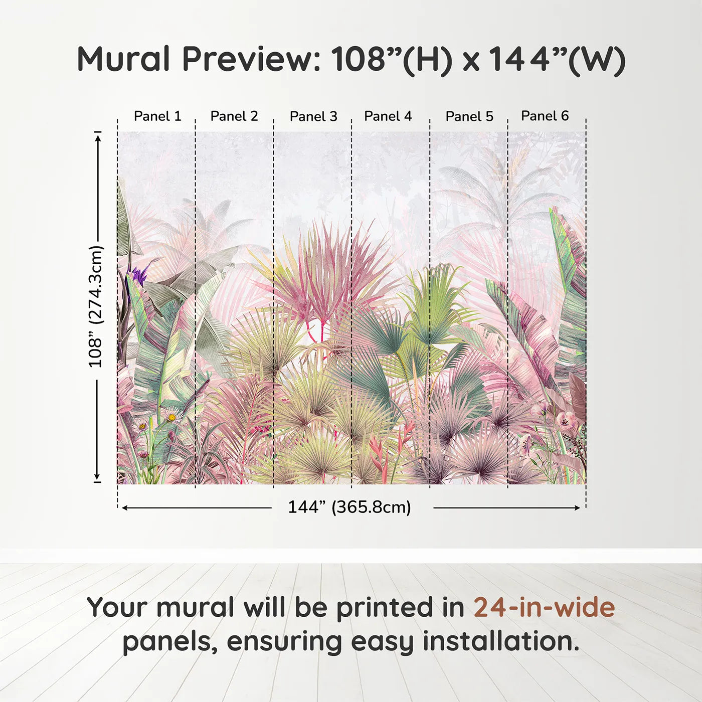 Whimsy Tots Pastel Tropical Jungle Wall Muraldimension view (108" H x 144" W). Printed in six 24-inch-wide panels. Gender-Neutral