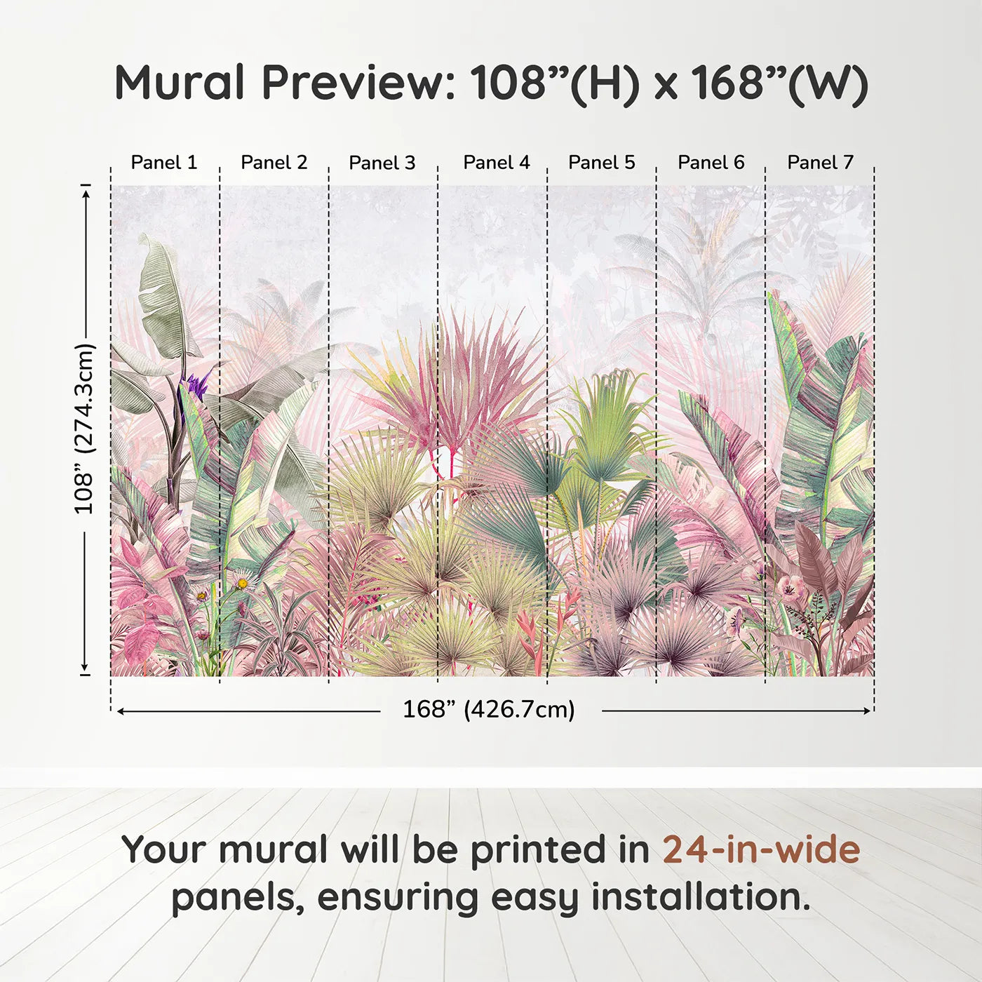 Whimsy Tots Pastel Tropical Jungle Wall Muraldimension view (108" H x 168" W). Printed in seven 24-inch-wide panels. Gender-Neutral