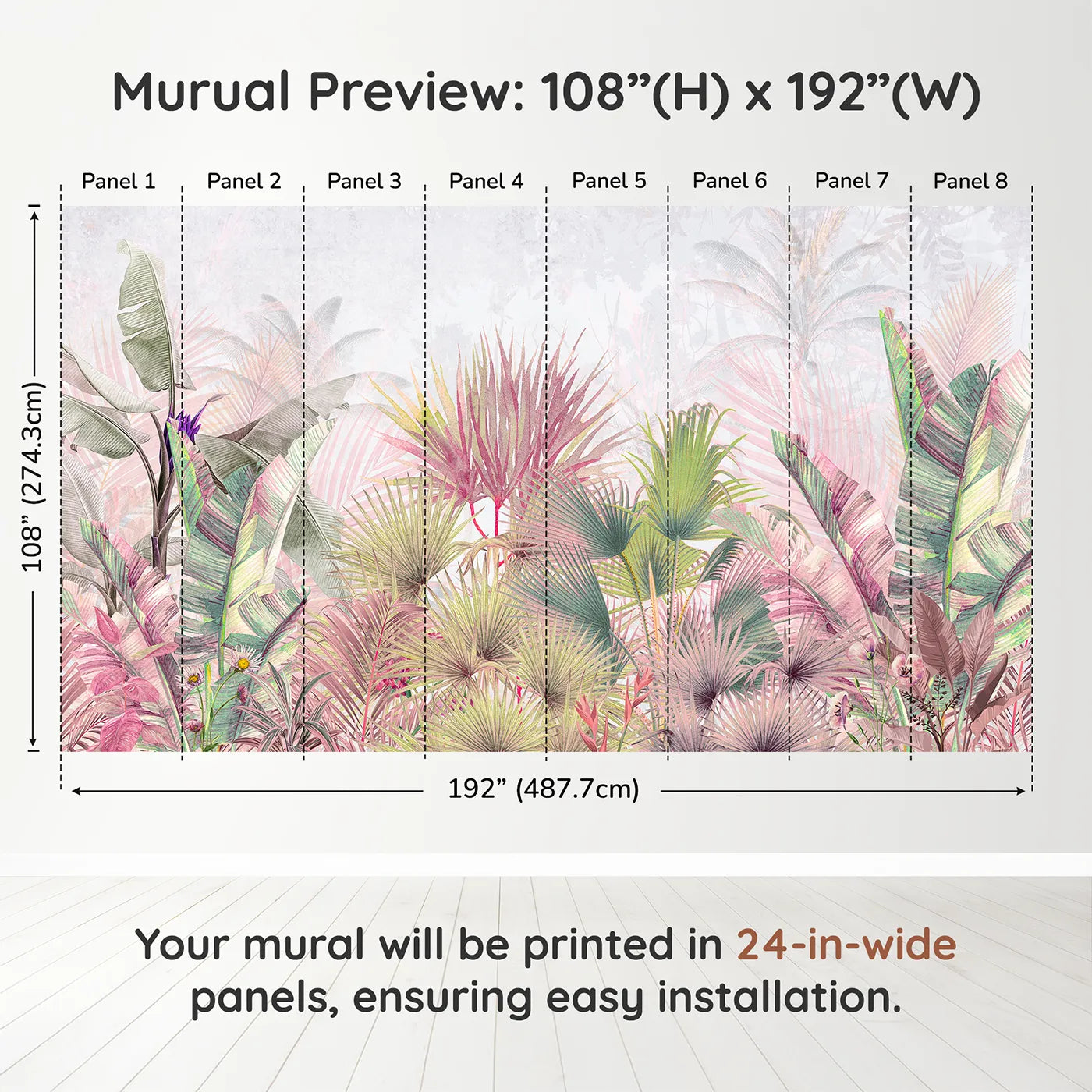 Whimsy Tots Pastel Tropical Jungle Wall Muraldimension view (108" H x 192" W). Printed in eight 24-inch-wide panels. Gender-Neutral