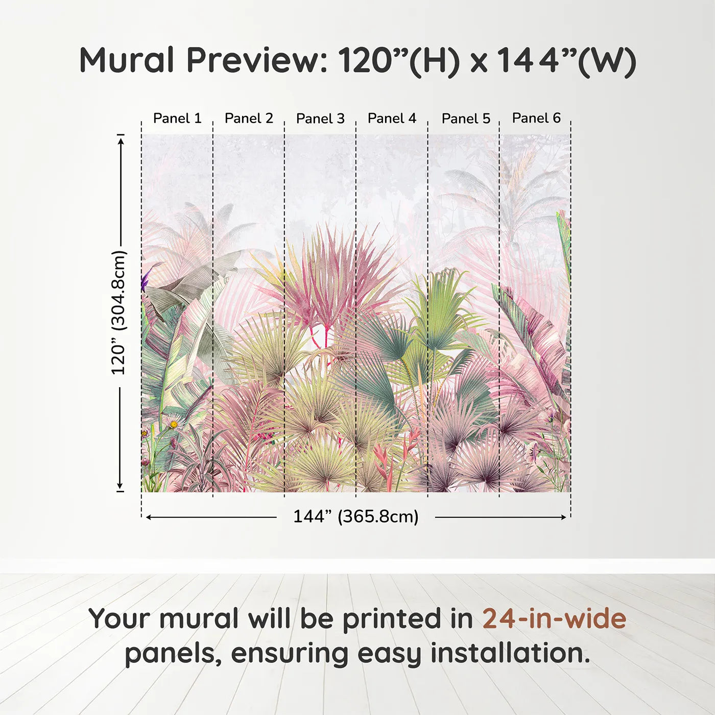 Whimsy Tots Pastel Tropical Jungle Wall Muraldimension view (120" H x 144" W). Printed in six 24-inch-wide panels. Gender-Neutral