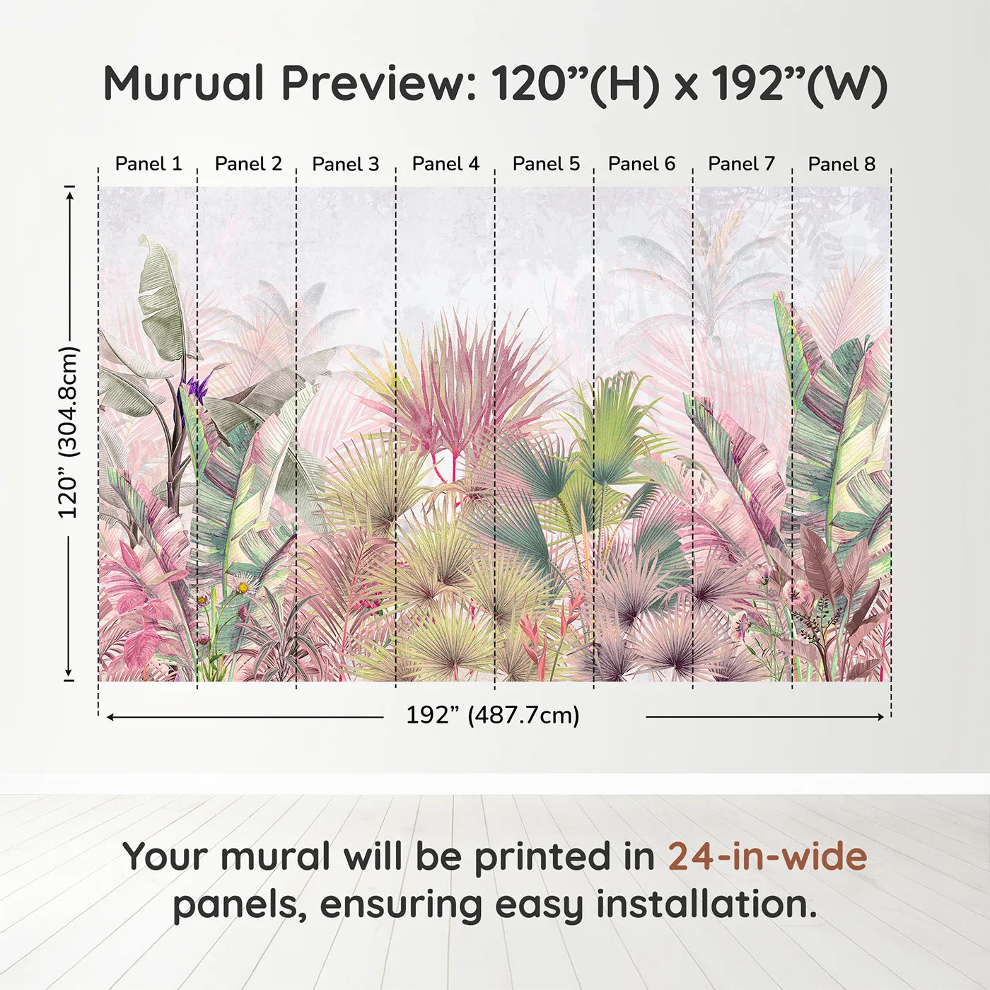 Whimsy Tots Pastel Tropical Jungle Wall Muraldimension view (120" H x 192" W). Printed in eight 24-inch-wide panels. Gender-Neutral