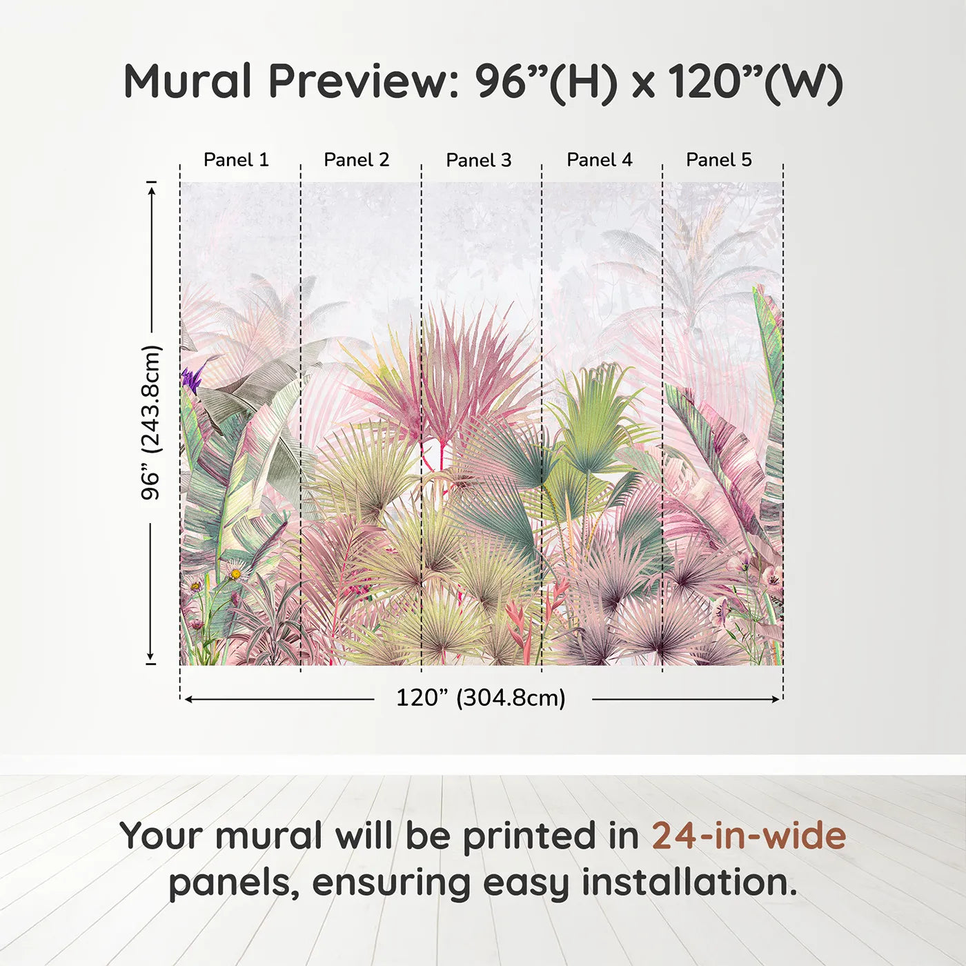 Whimsy Tots Pastel Tropical Jungle Wall Muraldimension view (96" H x 120" W). Printed in five 24-inch-wide panels. Gender-Neutral