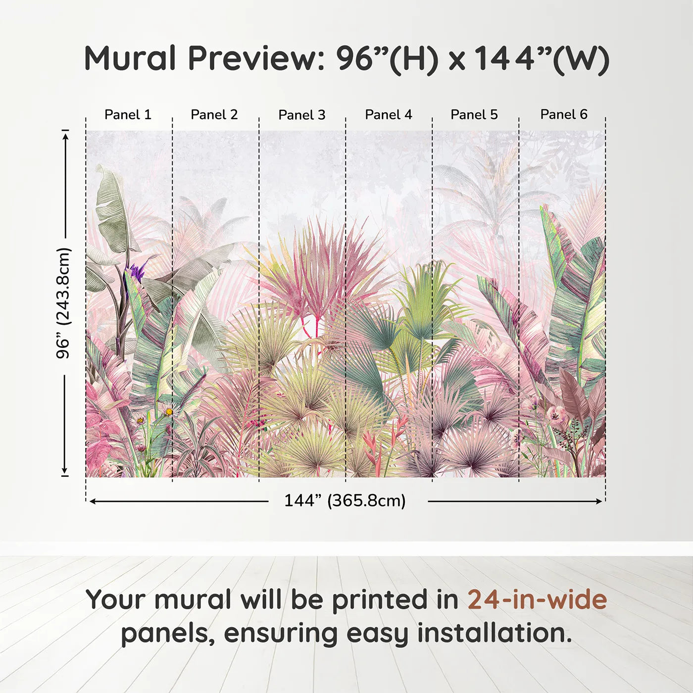 Whimsy Tots Pastel Tropical Jungle Wall Muraldimension view (96" H x 144" W). Printed in six 24-inch-wide panels. Gender-Neutral