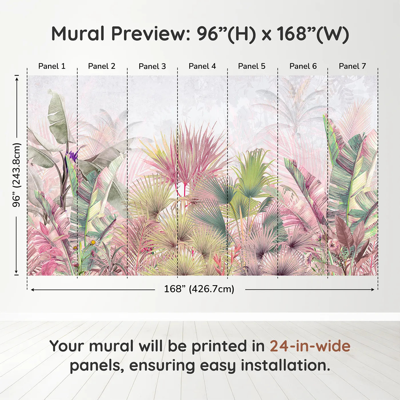 Whimsy Tots Pastel Tropical Jungle Wall Muraldimension view (96" H x 168" W). Printed in seven 24-inch-wide panels. Gender-Neutral