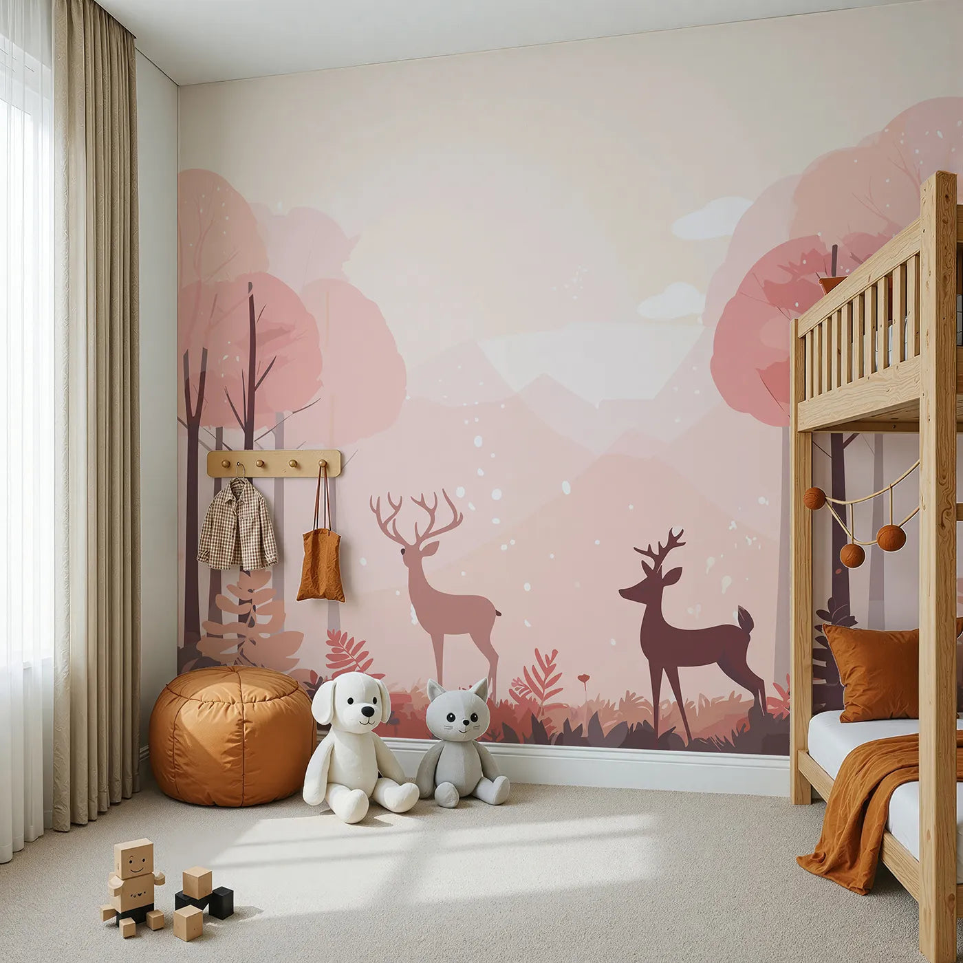 Angled view of Whimsy Tots' Pink Autumn Forest Wall Mural (Turn Their Room into a Magical, Rose-Colored Wonderland).Gender-Neutral