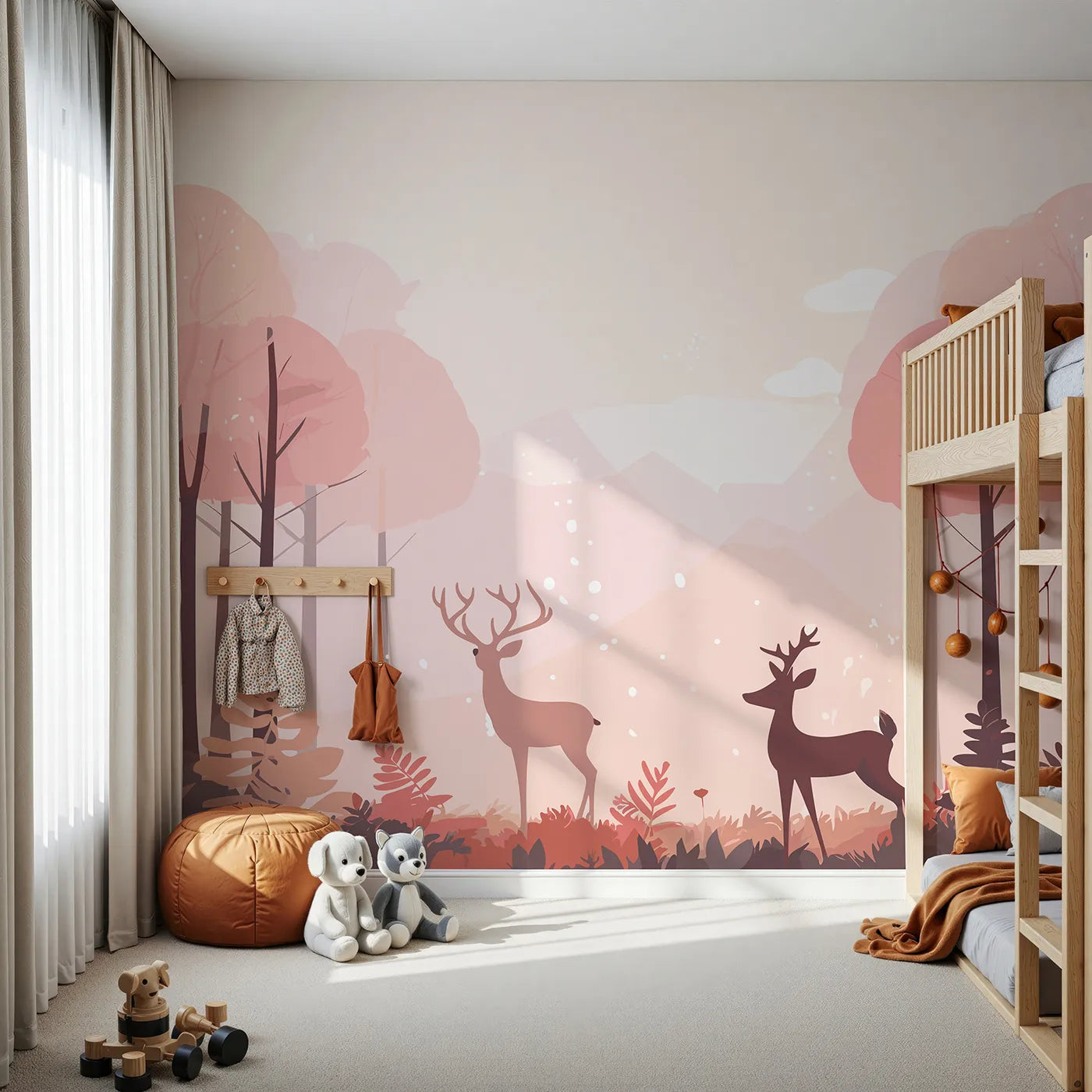 Front view of Whimsy Tots' Pink Autumn Forest Wall Mural
