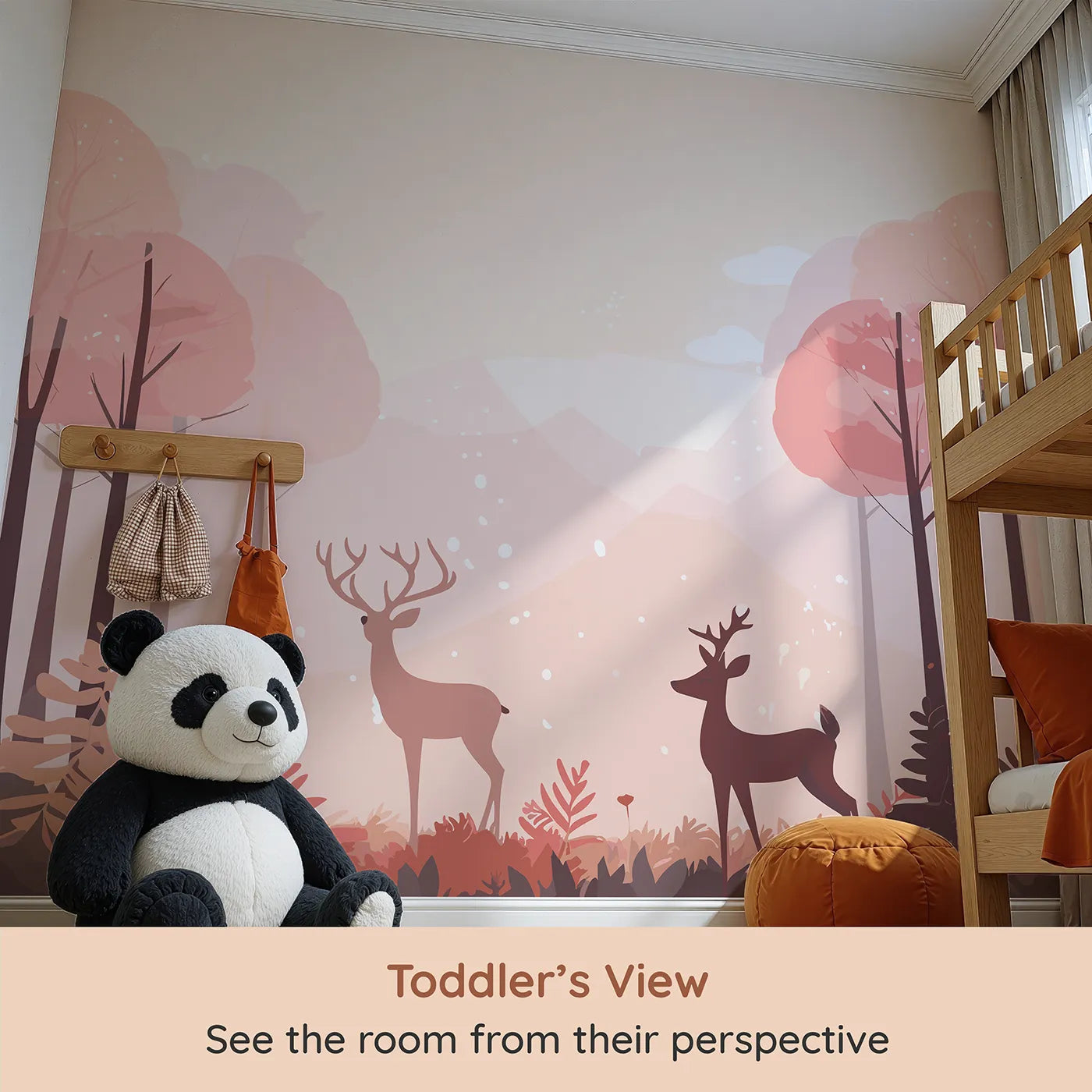 Whimsy Tots Pink Autumn Forest Wall Mural (Turn Their Room into a Magical, Rose-Colored Wonderland) from your child's view.Gender-Neutral
