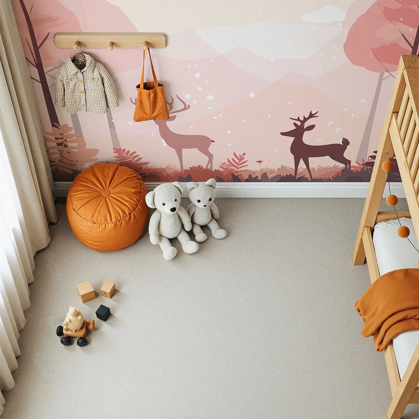 Top-down view of Whimsy Tots' Pink Autumn Forest Wall Mural (Turn Their Room into a Magical, Rose-Colored Wonderland).Gender-Neutral