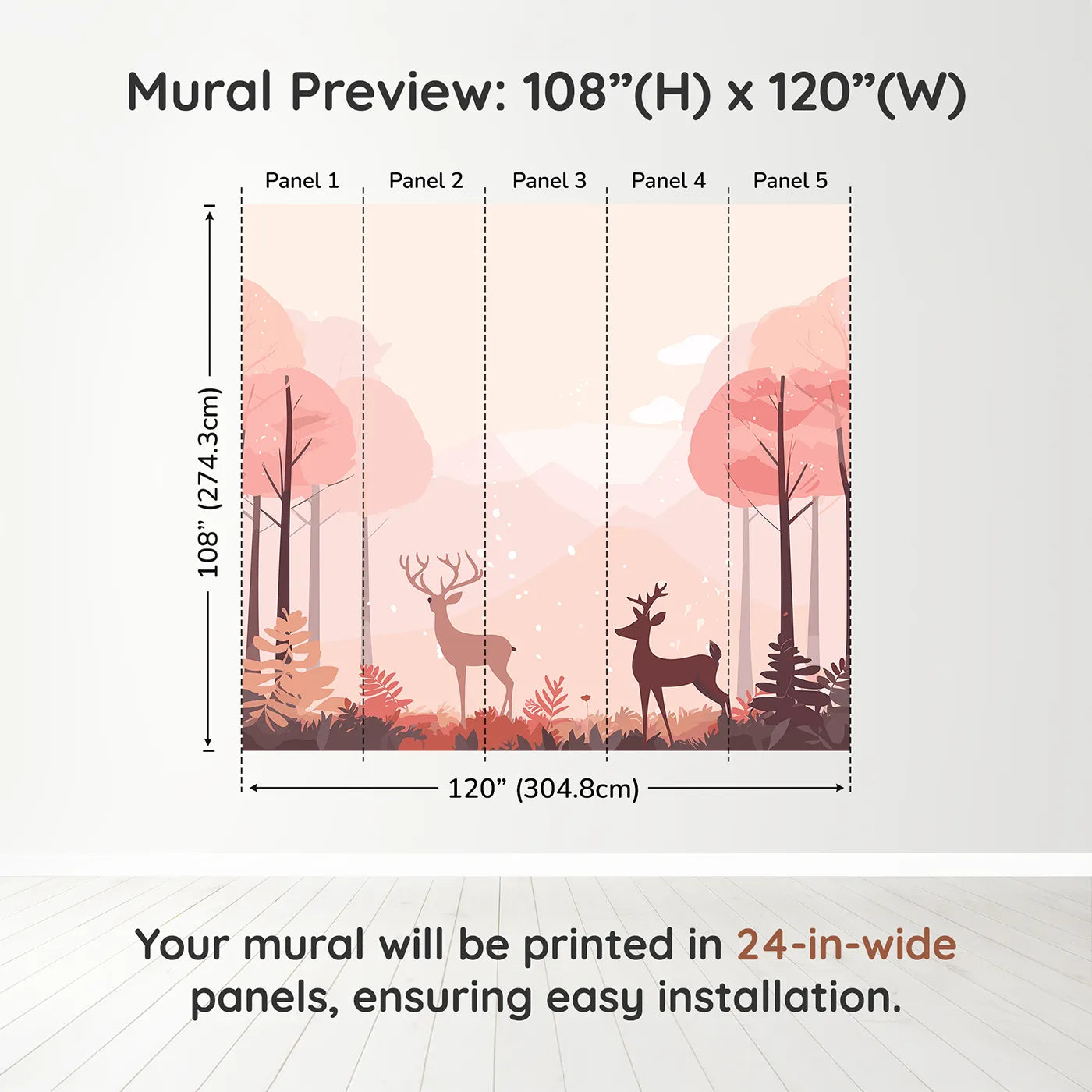 Whimsy Tots Pink Autumn Forest Wall Muraldimension view (108" H x 120" W). Printed in five 24-inch-wide panels. Gender-Neutral