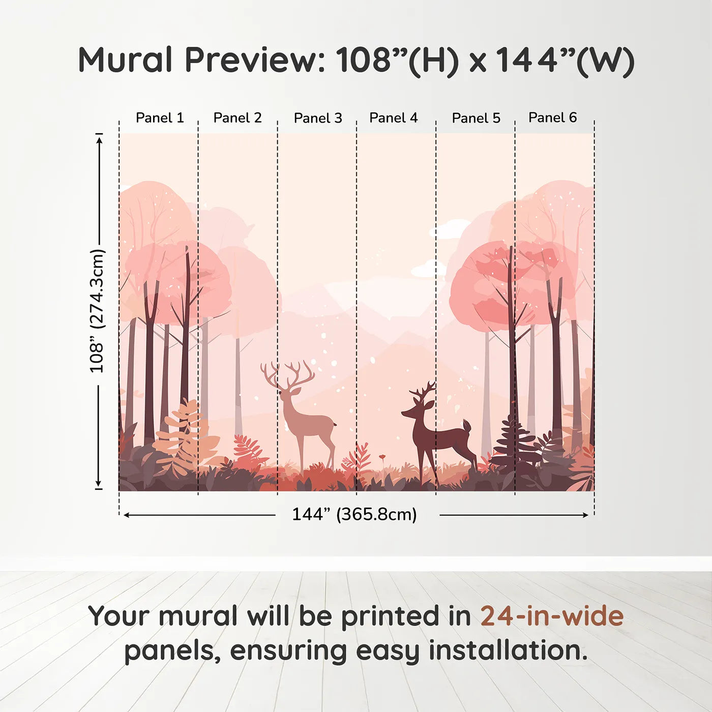 Whimsy Tots Pink Autumn Forest Wall Muraldimension view (108" H x 144" W). Printed in six 24-inch-wide panels. Gender-Neutral