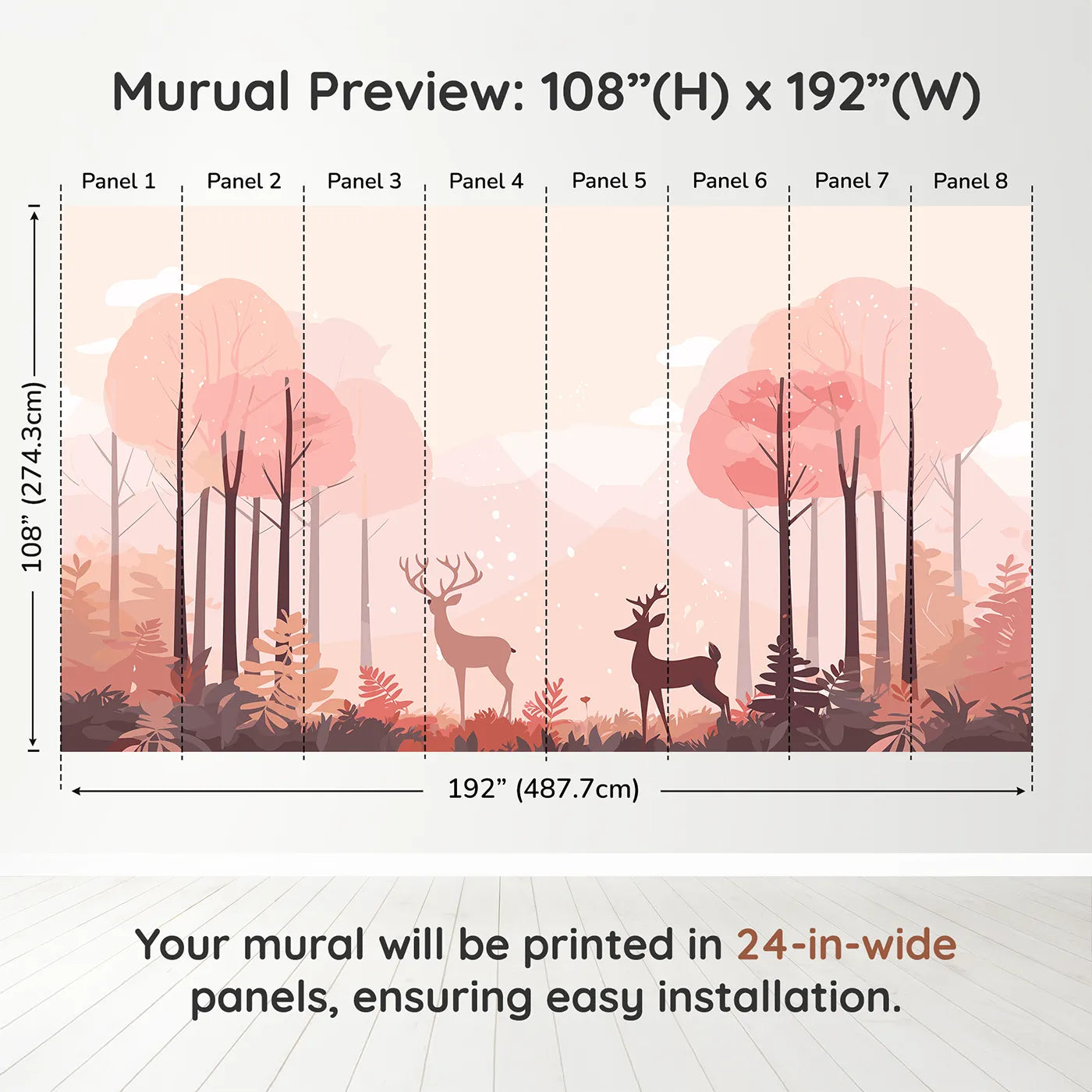 Whimsy Tots Pink Autumn Forest Wall Muraldimension view (108" H x 192" W). Printed in eight 24-inch-wide panels. Gender-Neutral