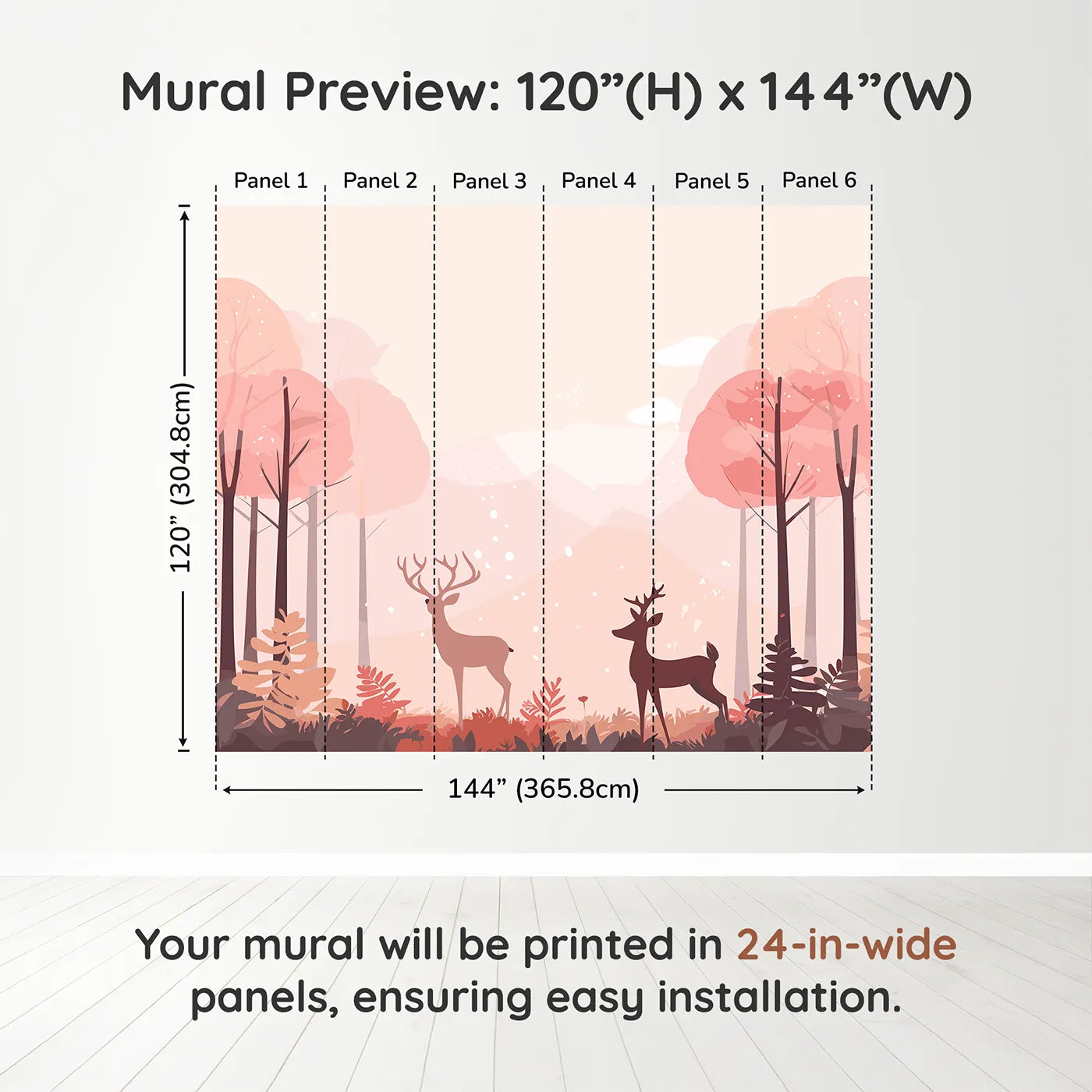 Whimsy Tots Pink Autumn Forest Wall Muraldimension view (120" H x 144" W). Printed in six 24-inch-wide panels. Gender-Neutral