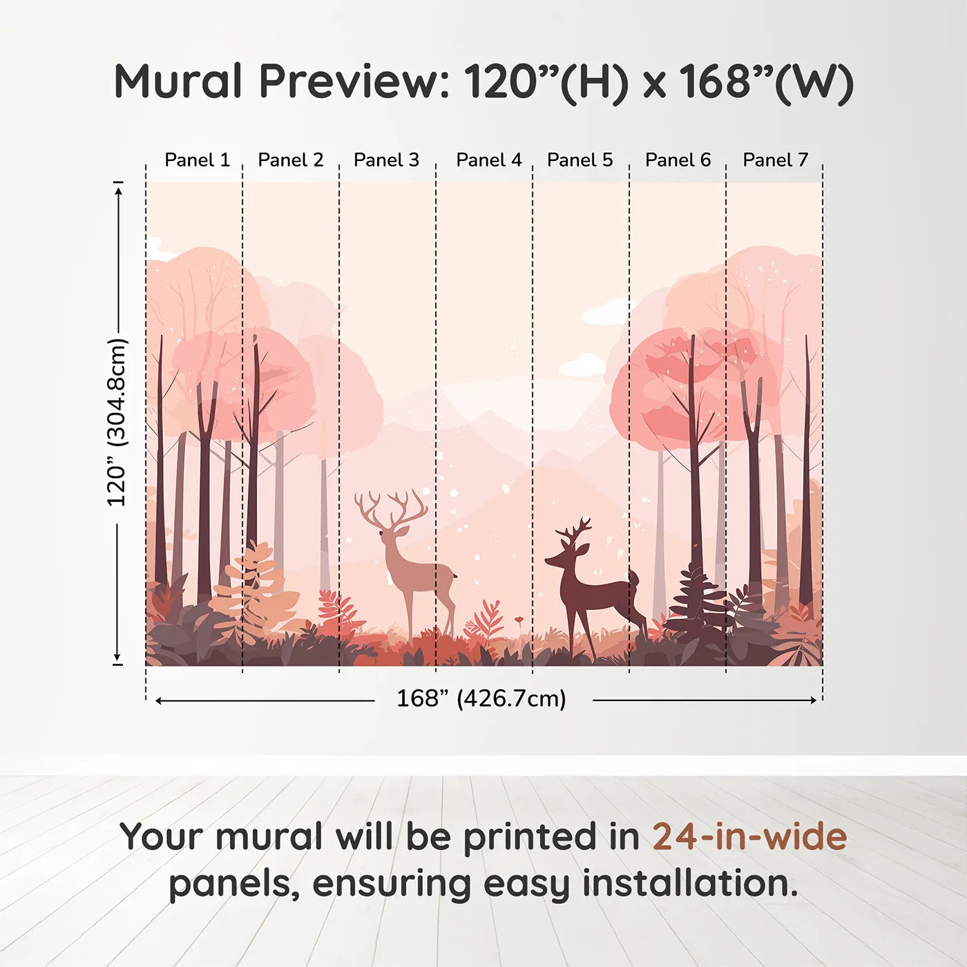 Whimsy Tots Pink Autumn Forest Wall Muraldimension view (120" H x 168" W). Printed in seven 24-inch-wide panels. Gender-Neutral