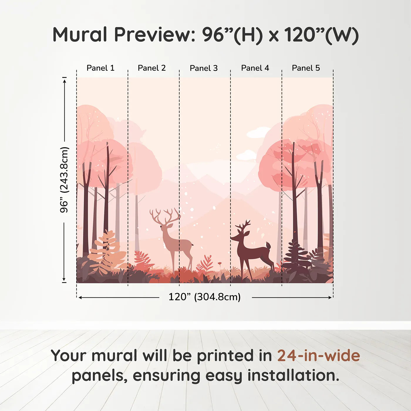 Whimsy Tots Pink Autumn Forest Wall Muraldimension view (96" H x 120" W). Printed in five 24-inch-wide panels. Gender-Neutral