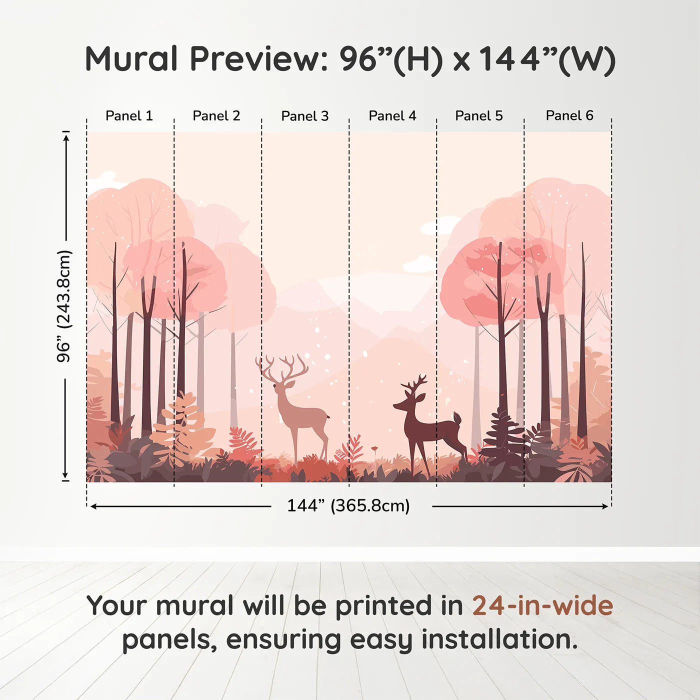 Whimsy Tots Pink Autumn Forest Wall Muraldimension view (96" H x 144" W). Printed in six 24-inch-wide panels. Gender-Neutral