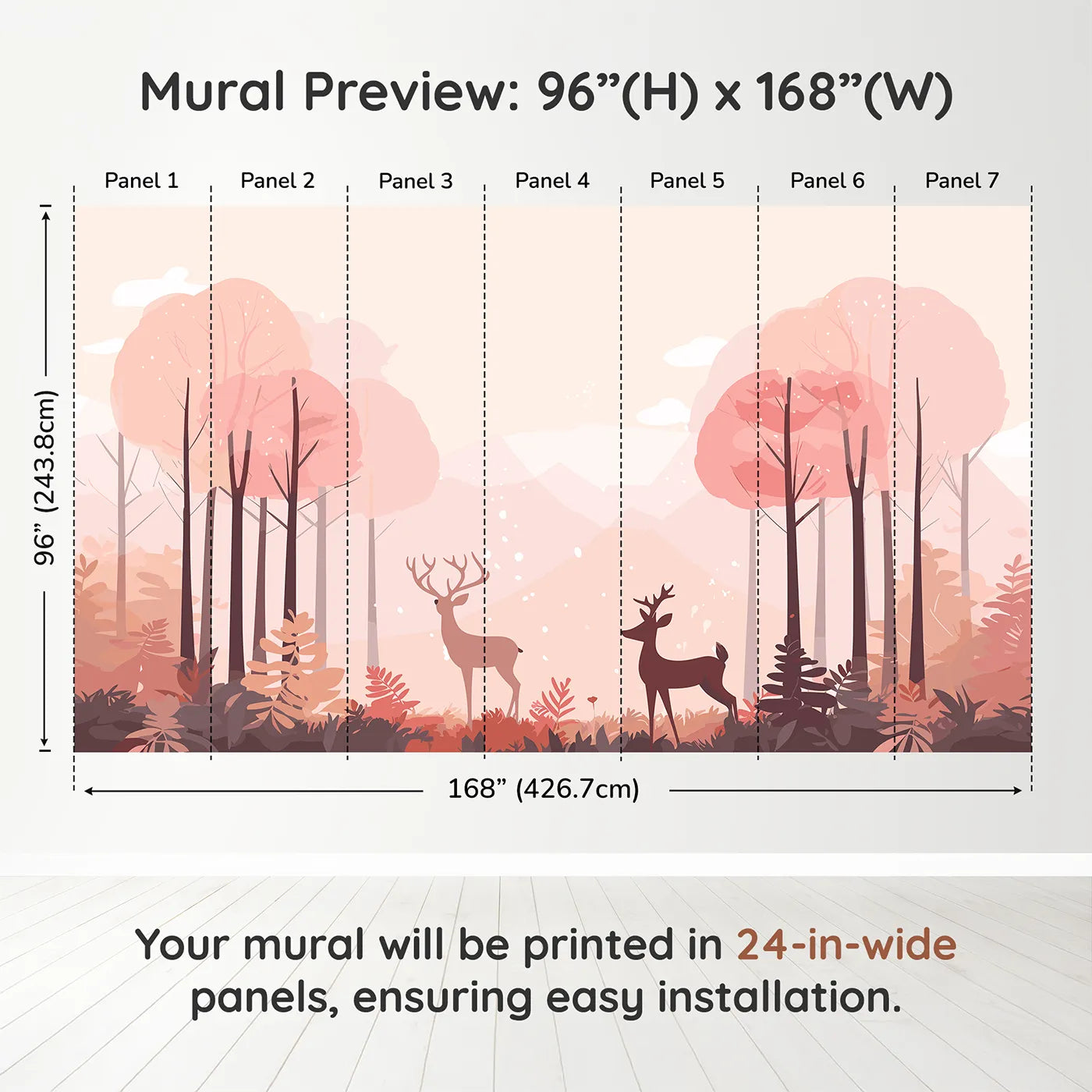 Whimsy Tots Pink Autumn Forest Wall Muraldimension view (96" H x 168" W). Printed in seven 24-inch-wide panels. Gender-Neutral