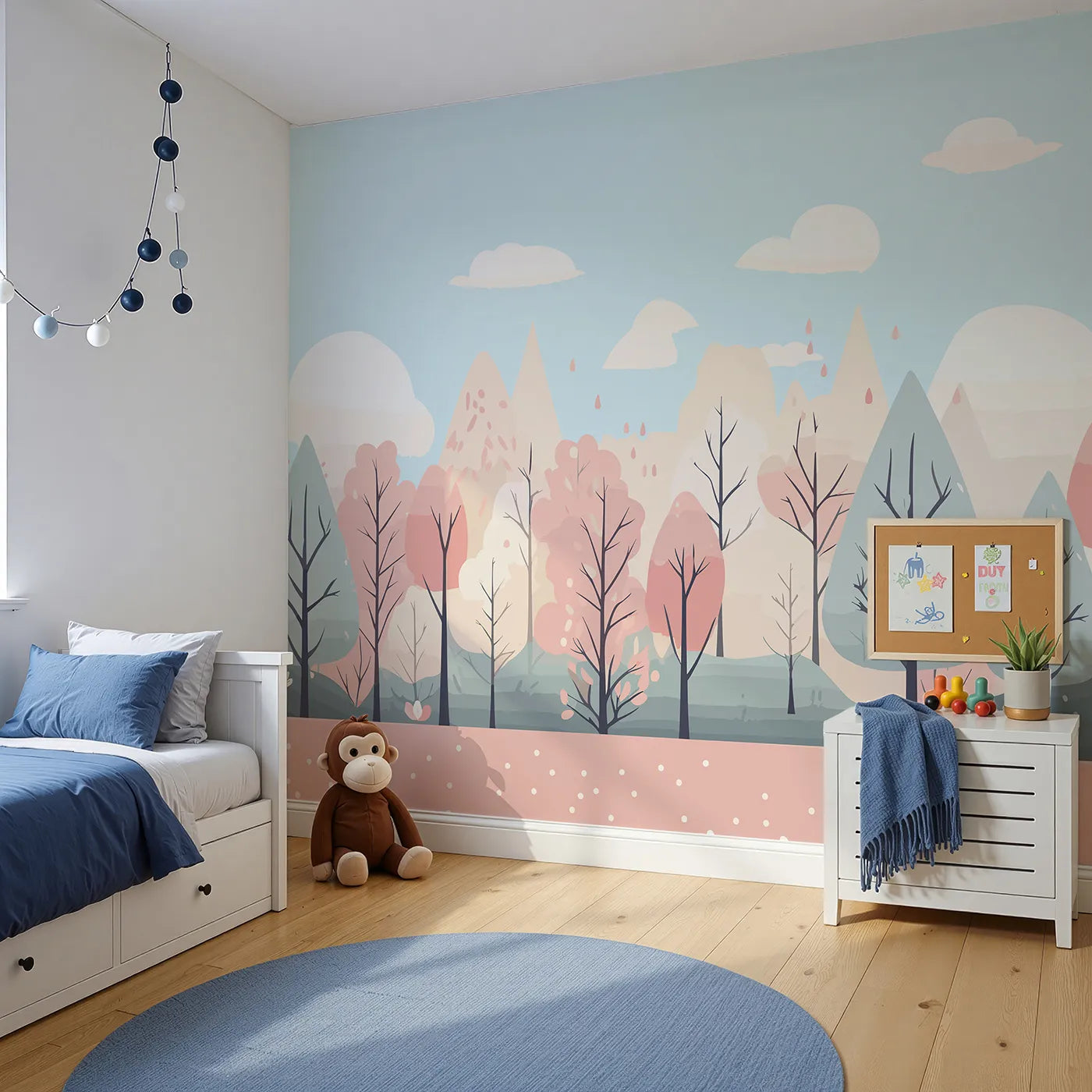 Angled view of Whimsy Tots' Pastel Spring Forest Wall Mural (Turn Their Room into a Gentle, Abstract Woodland).Gender-Neutral
