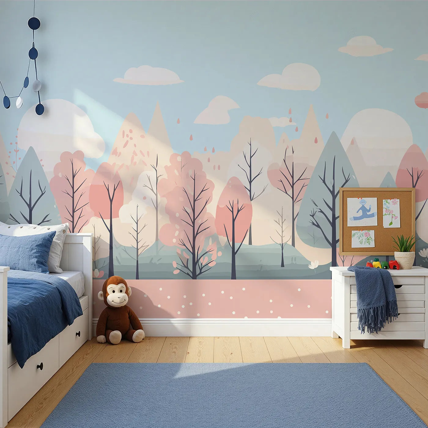 Front view of Whimsy Tots' Pastel Spring Forest Wall Mural