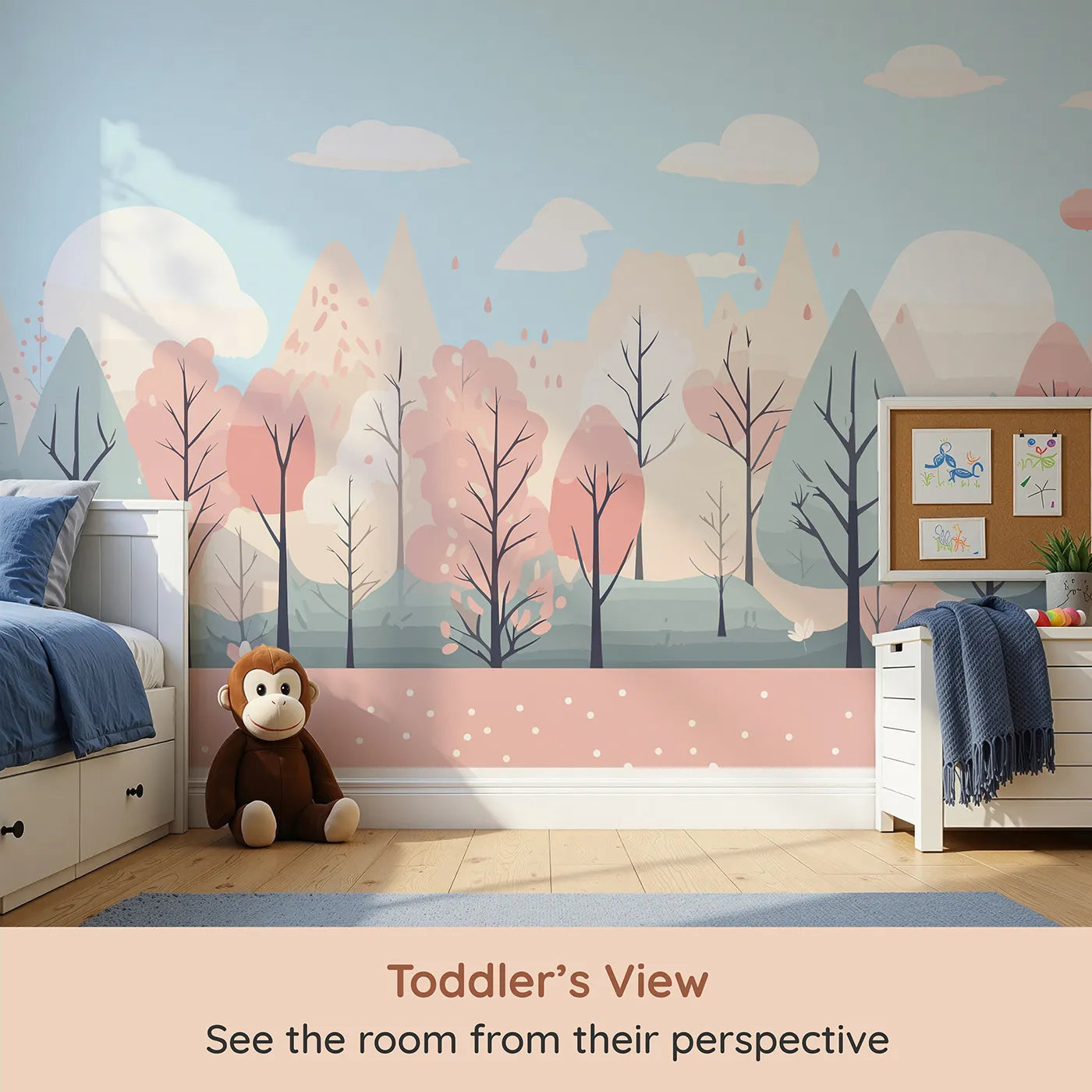 Whimsy Tots Pastel Spring Forest Wall Mural (Turn Their Room into a Gentle, Abstract Woodland) from your child's view.Gender-Neutral