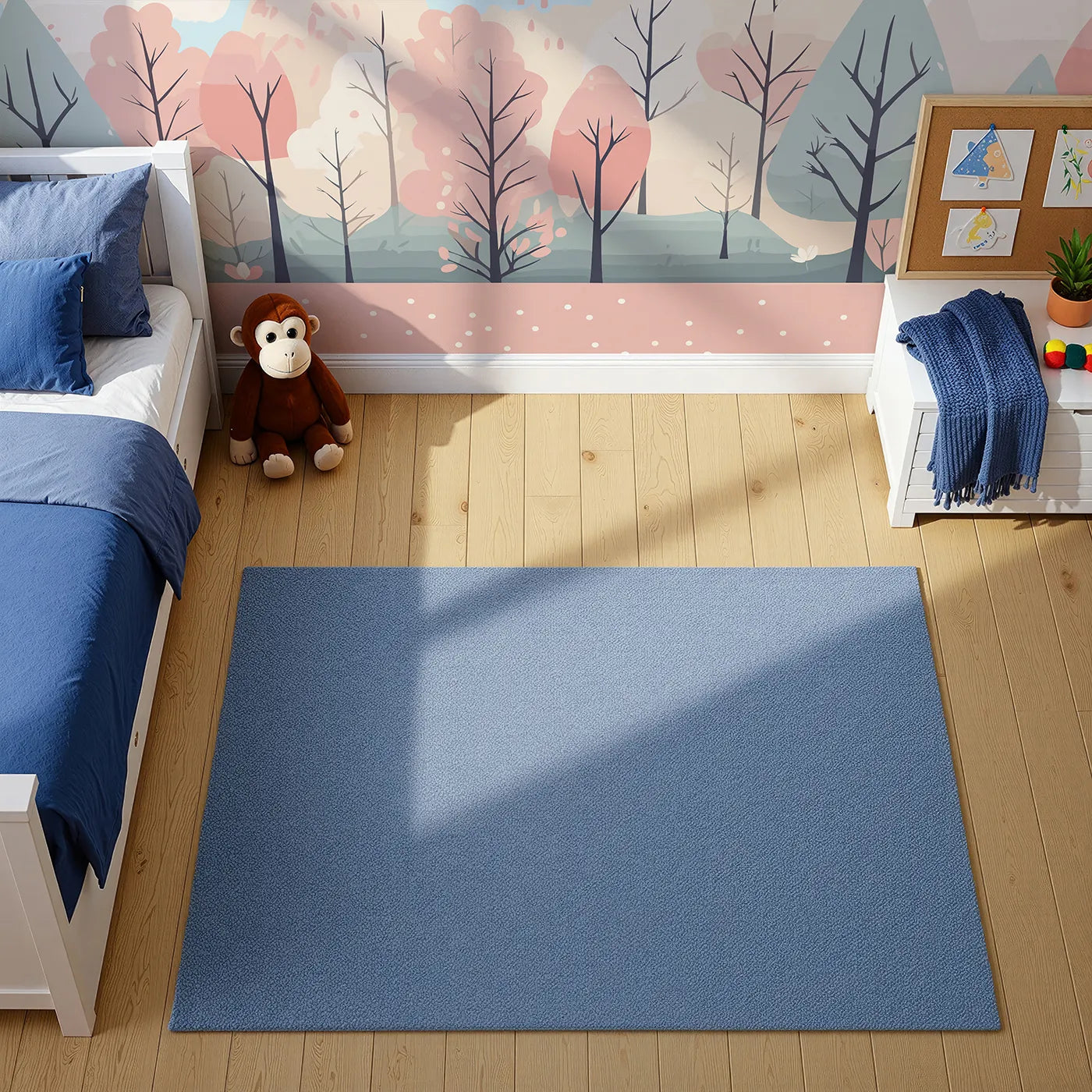 Top-down view of Whimsy Tots' Pastel Spring Forest Wall Mural (Turn Their Room into a Gentle, Abstract Woodland).Gender-Neutral