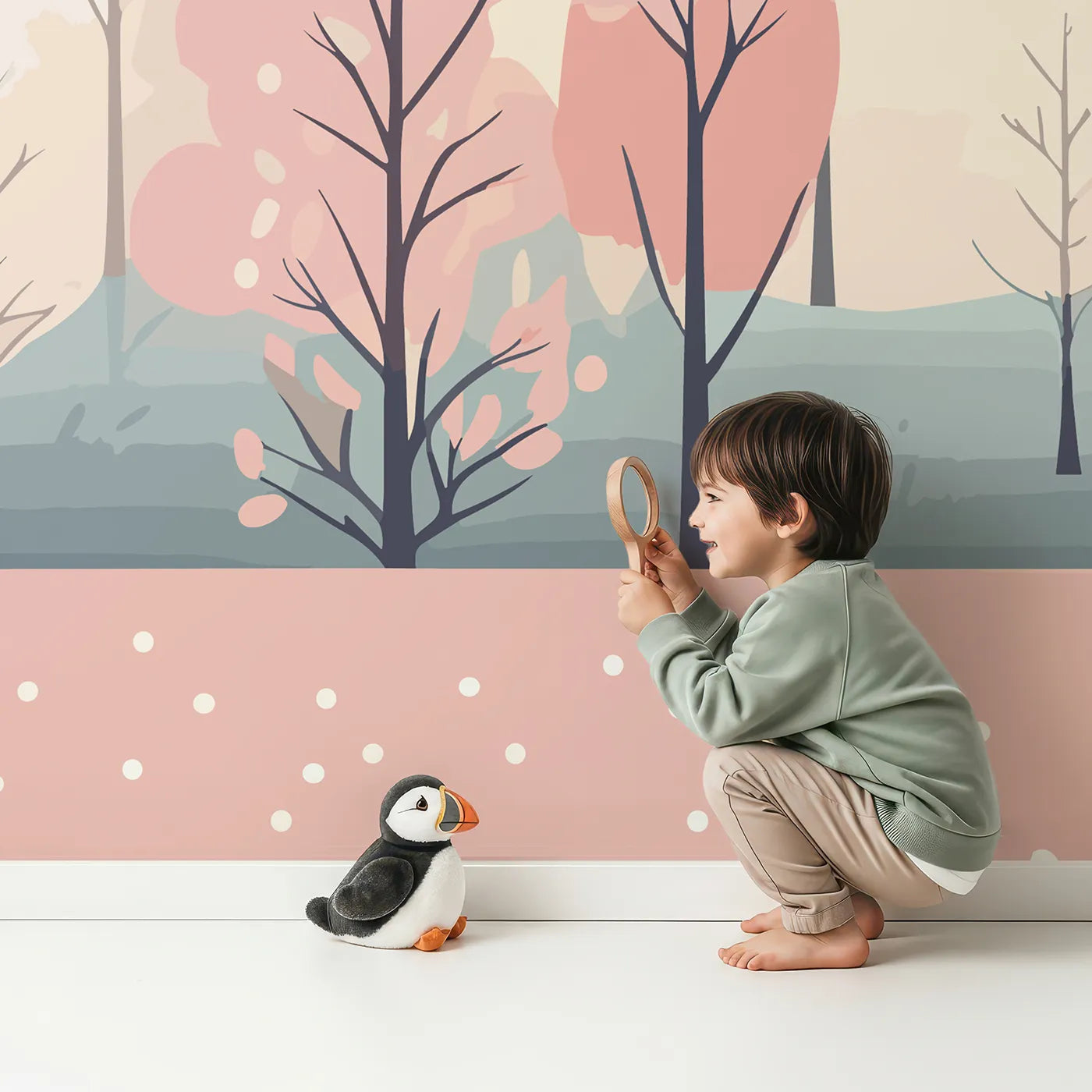 Child in front of Whimsy Tots Pastel Spring Forest Wall Mural with forest, spring, pastel, pink, blue, tree, minimalist, modern in design.
