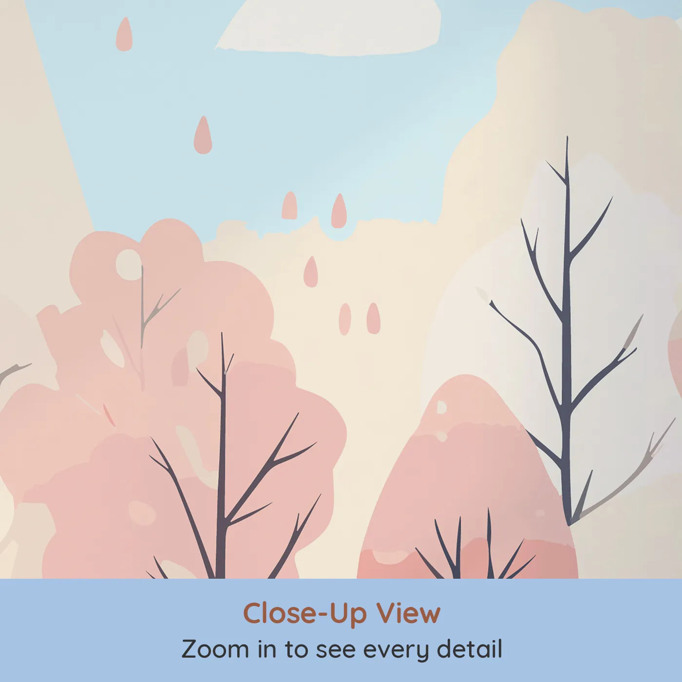 Close-up view of Whimsy Tots' Pastel Spring Forest Wall Mural (Turn Their Room into a Gentle, Abstract Woodland).Gender-Neutral