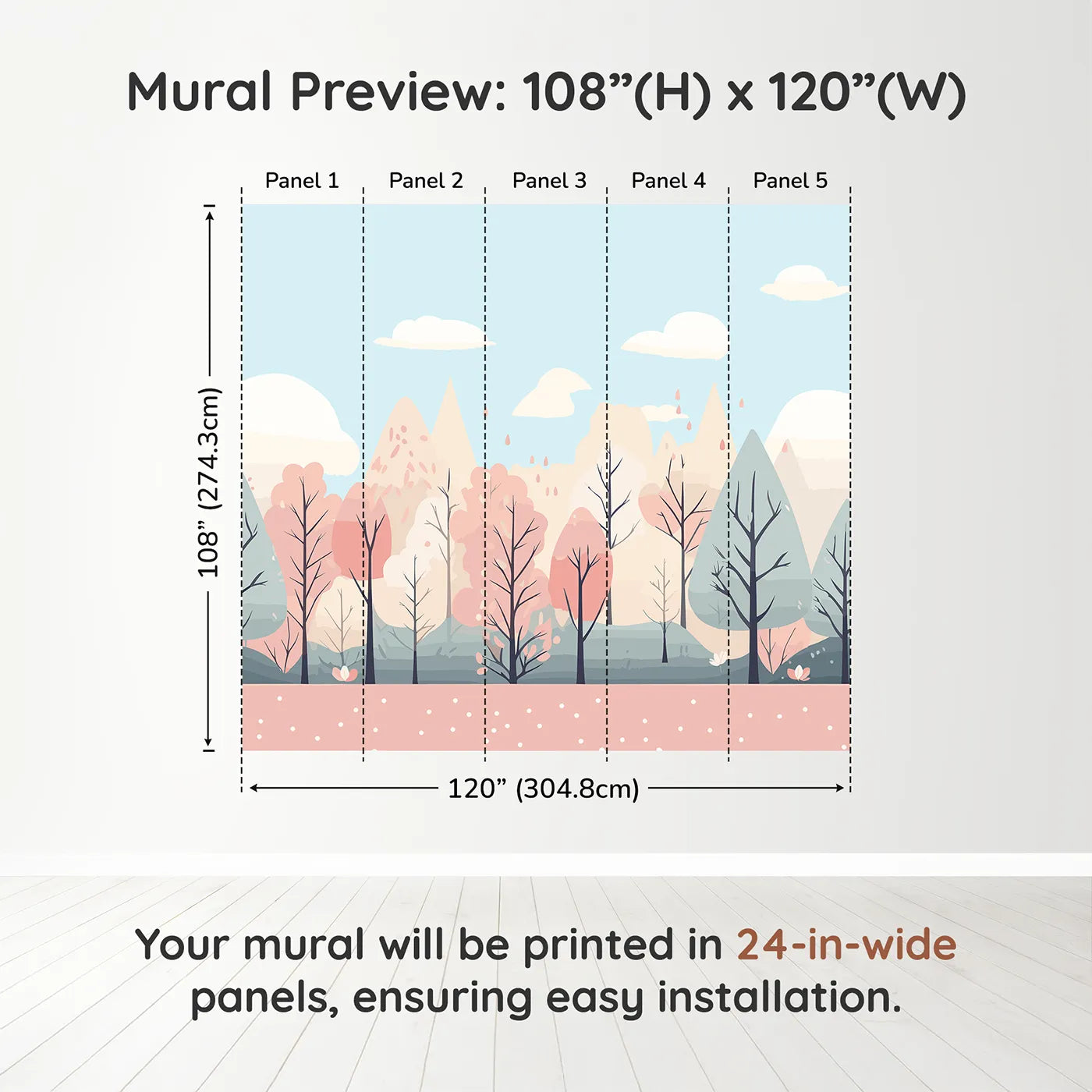 Whimsy Tots Pastel Spring Forest Wall Muraldimension view (108" H x 120" W). Printed in five 24-inch-wide panels. Gender-Neutral