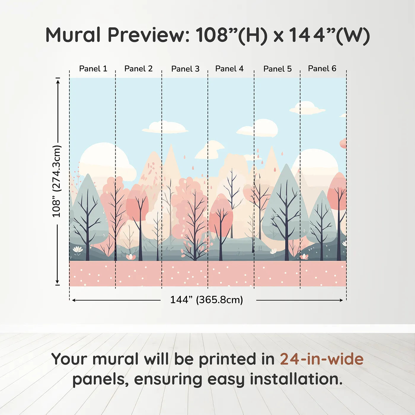 Whimsy Tots Pastel Spring Forest Wall Muraldimension view (108" H x 144" W). Printed in six 24-inch-wide panels. Gender-Neutral