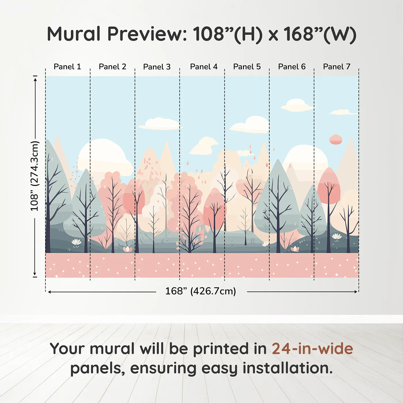 Whimsy Tots Pastel Spring Forest Wall Muraldimension view (108" H x 168" W). Printed in seven 24-inch-wide panels. Gender-Neutral