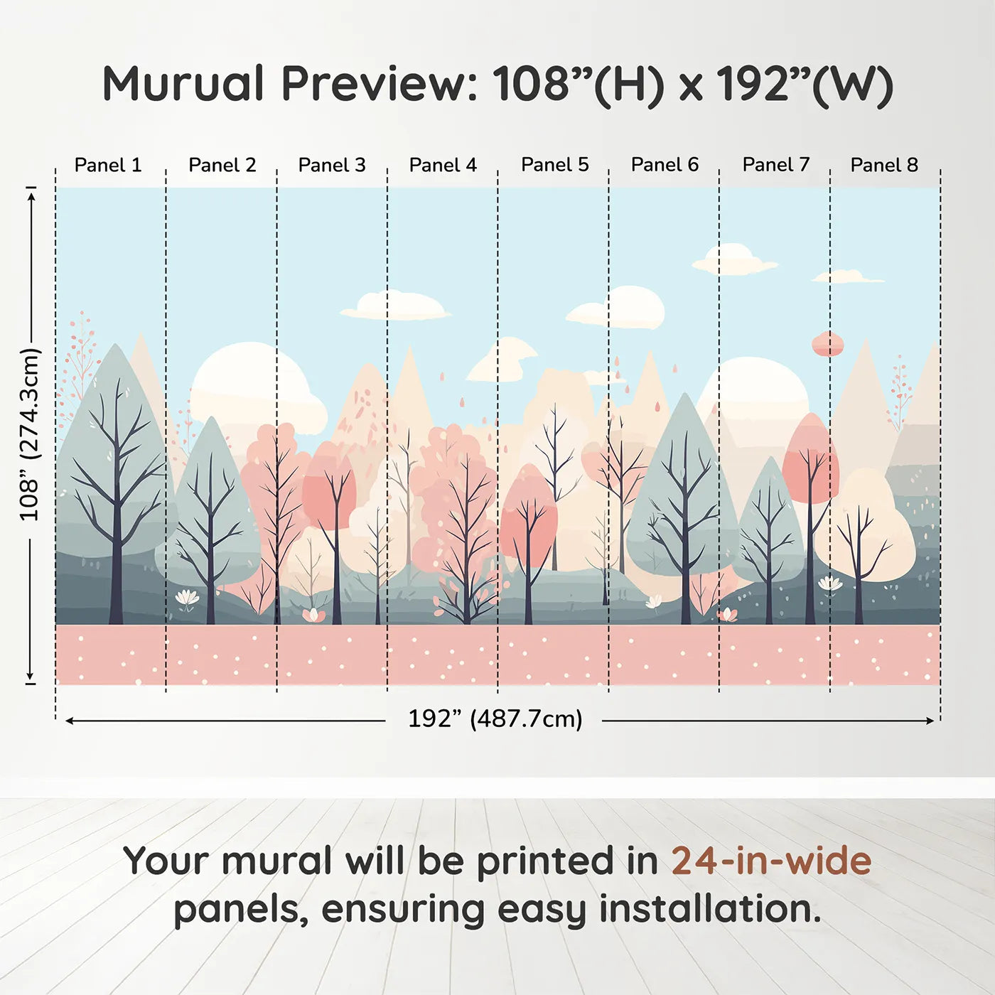 Whimsy Tots Pastel Spring Forest Wall Muraldimension view (108" H x 192" W). Printed in eight 24-inch-wide panels. Gender-Neutral