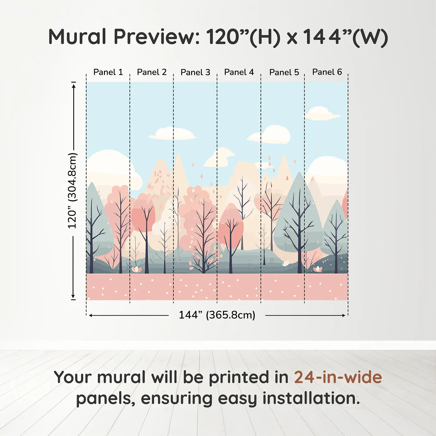 Whimsy Tots Pastel Spring Forest Wall Muraldimension view (120" H x 144" W). Printed in six 24-inch-wide panels. Gender-Neutral
