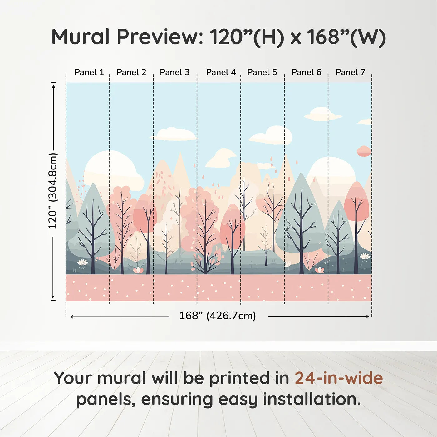 Whimsy Tots Pastel Spring Forest Wall Muraldimension view (120" H x 168" W). Printed in seven 24-inch-wide panels. Gender-Neutral