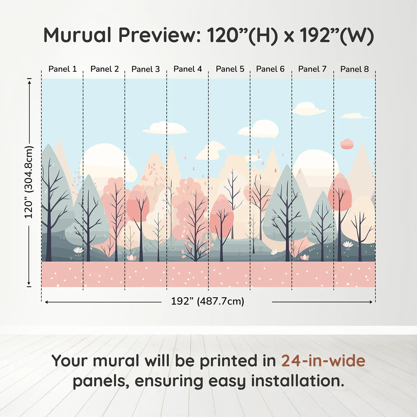 Whimsy Tots Pastel Spring Forest Wall Muraldimension view (120" H x 192" W). Printed in eight 24-inch-wide panels. Gender-Neutral
