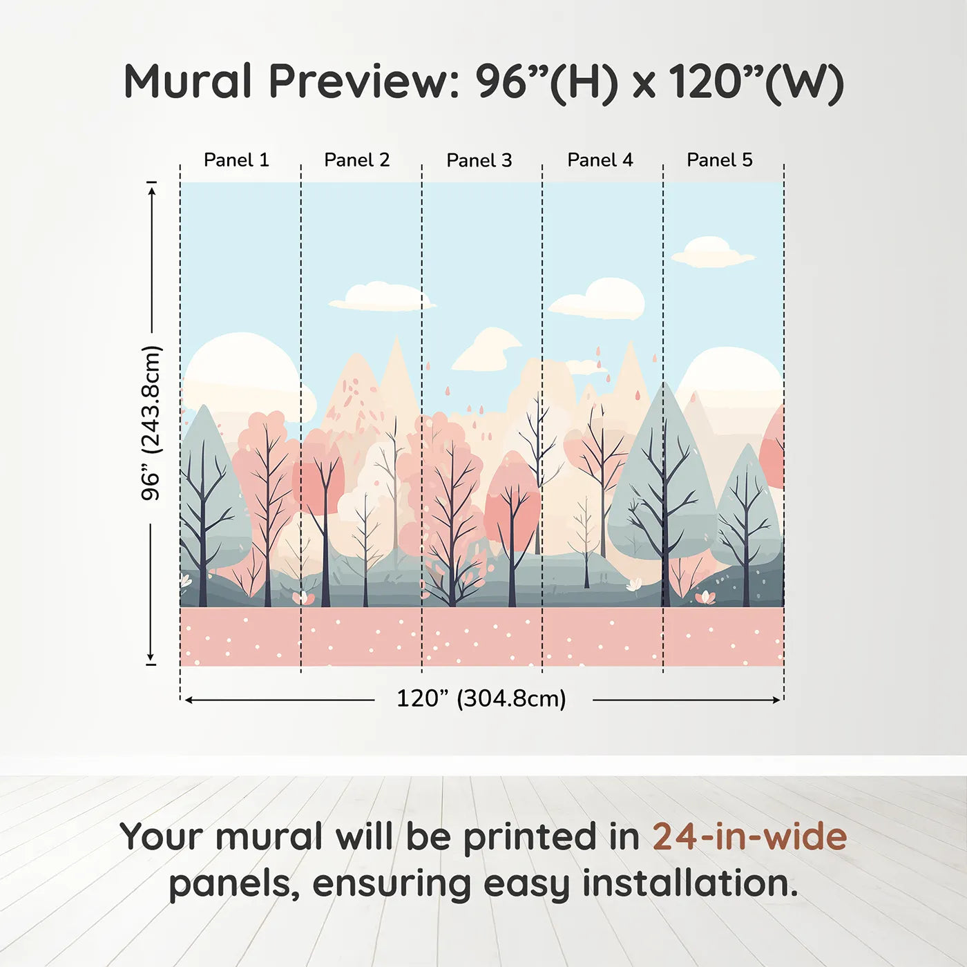 Whimsy Tots Pastel Spring Forest Wall Muraldimension view (96" H x 120" W). Printed in five 24-inch-wide panels. Gender-Neutral