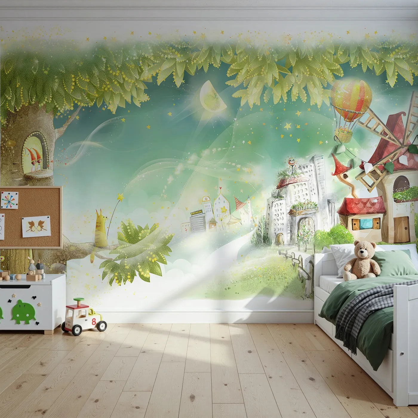 Front view of Whimsy Tots' Magical Treehouse Village Wall Mural