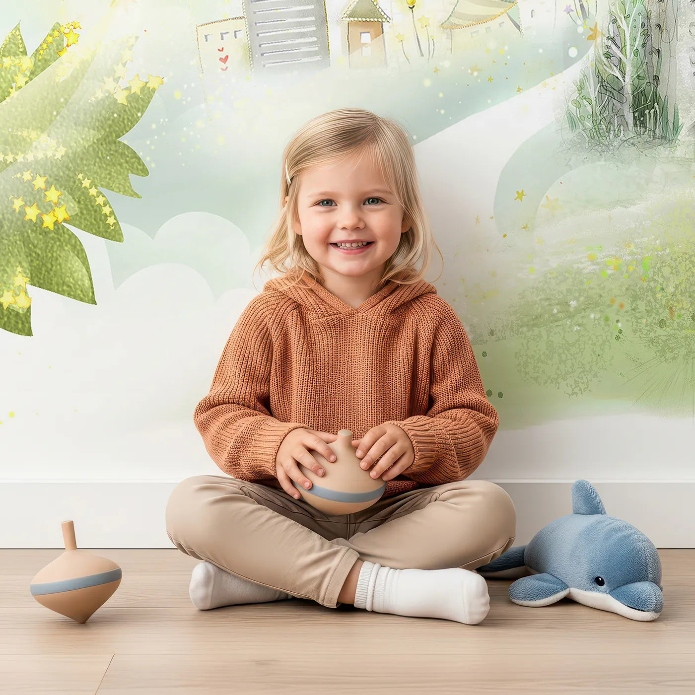 Child in front of Whimsy Tots Magical Treehouse Village Wall Mural with fairytale, fantasy, magic, treehouse, village, sparkle, green, whimsical in design.