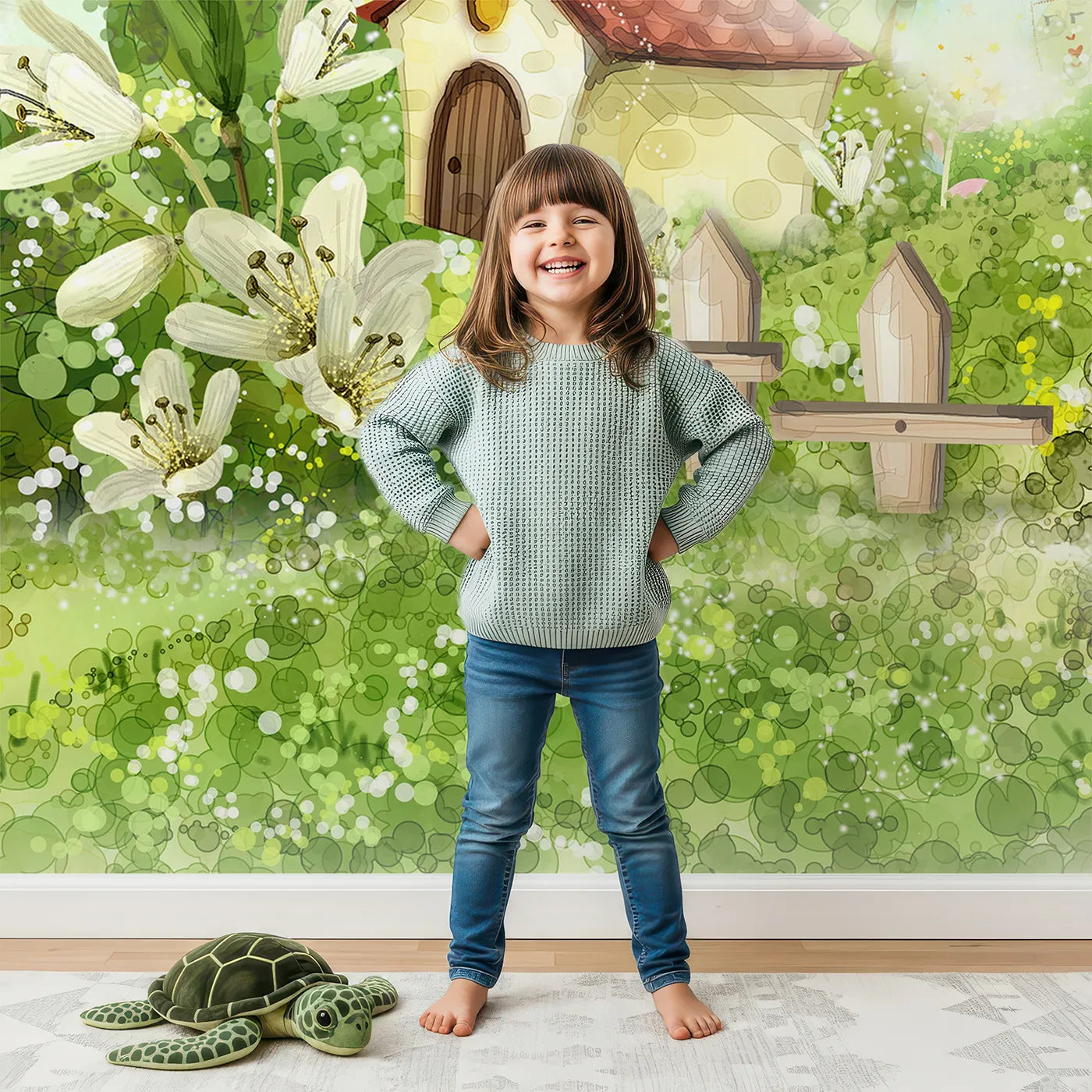 Child in front of Whimsy Tots Magical Village Wall Mural with fairytale, fantasy, magic, village, windmill, sparkle, green, whimsical in design.