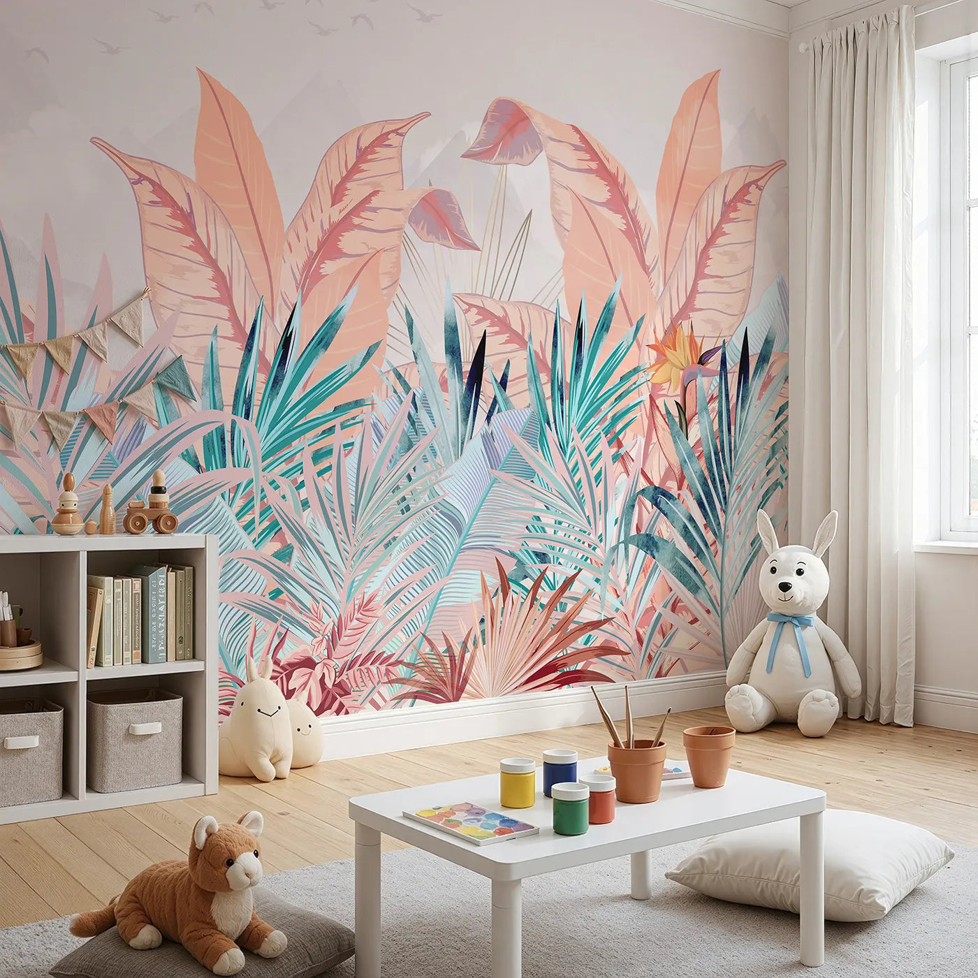 Angled view of Whimsy Tots' Pastel Tropical Paradise Wall Mural (Turn Their Room into a Dreamy, Otherworldly Jungle).Gender-Neutral